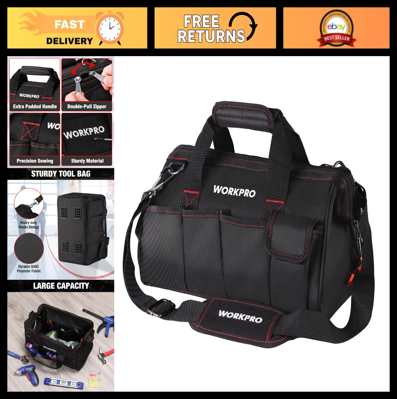 14″ Multi-Pocket Tool Bag Organizer with Adjustable Shoulder Strap – Black