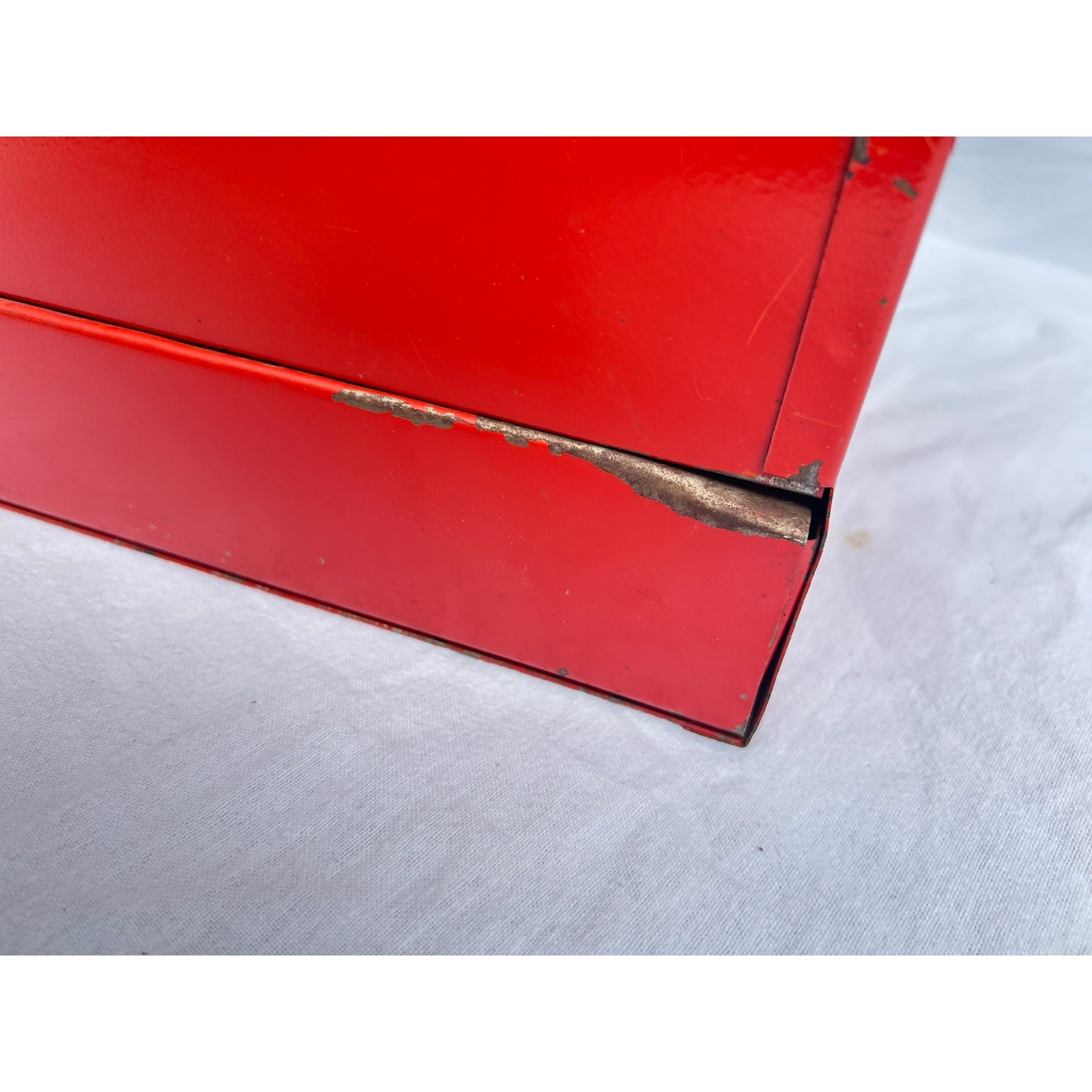 Vintage metal cherry red toolbox with pull out drawer