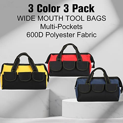 3 Pack Tool Bag for Men – 13″ Waterproof Hard – Blue, Red, Yellow – Classic