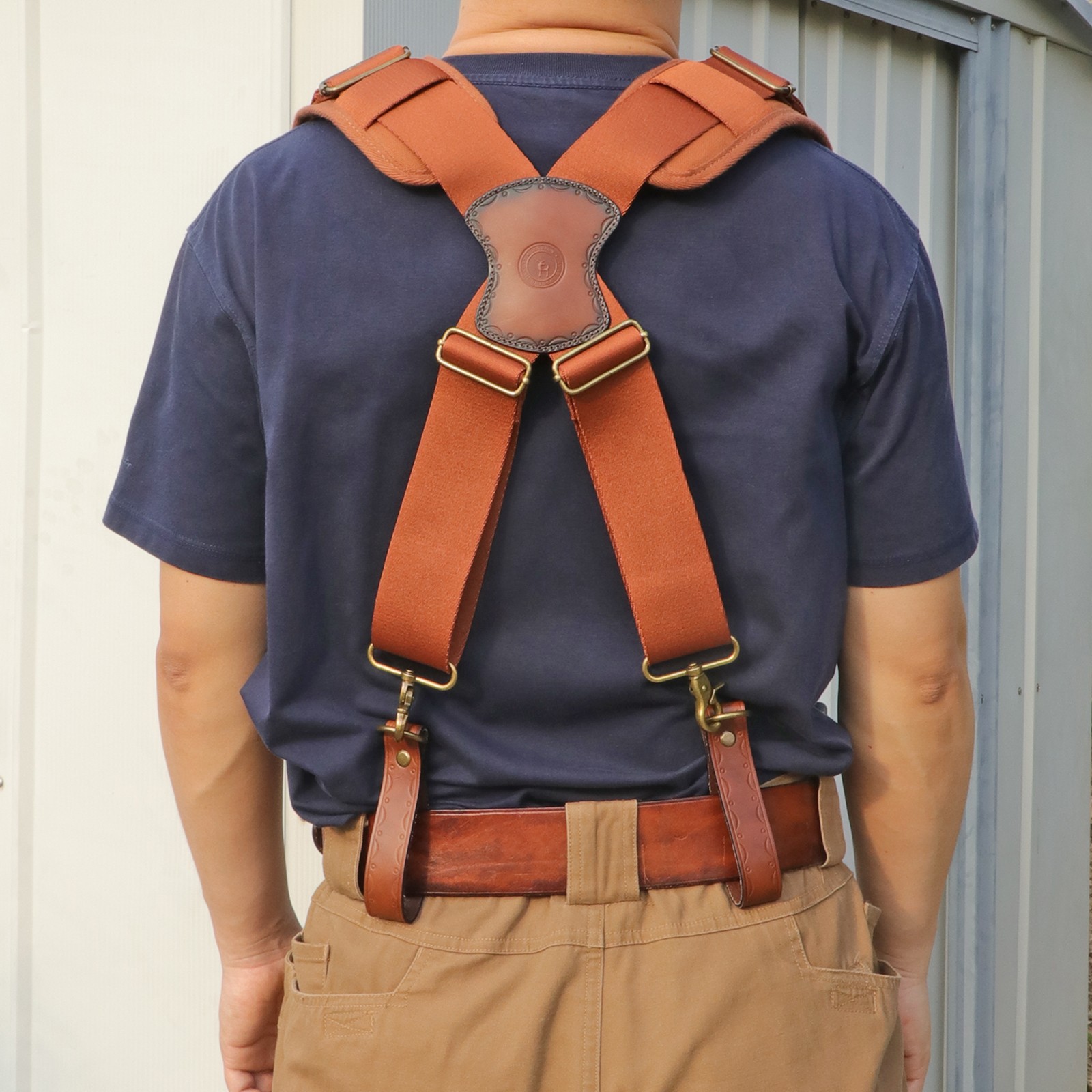 TOURBON Adjusted Tool Belt Suspenders- Leather Cross Patch-Padded Shoulder Strap