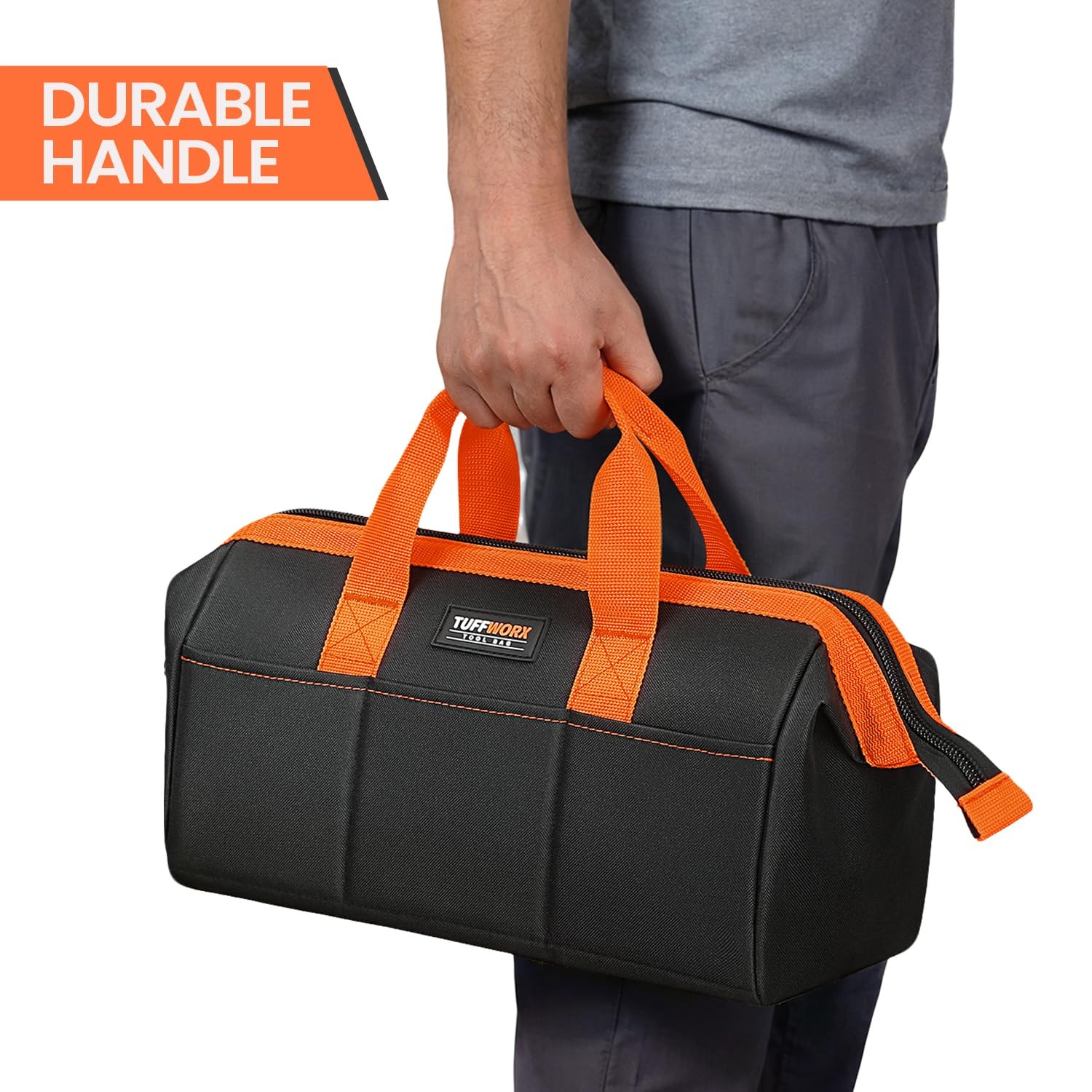 14 inch Tool Bag, Black, Orange, 600D Polyester, Heavy Duty Storage Organizer