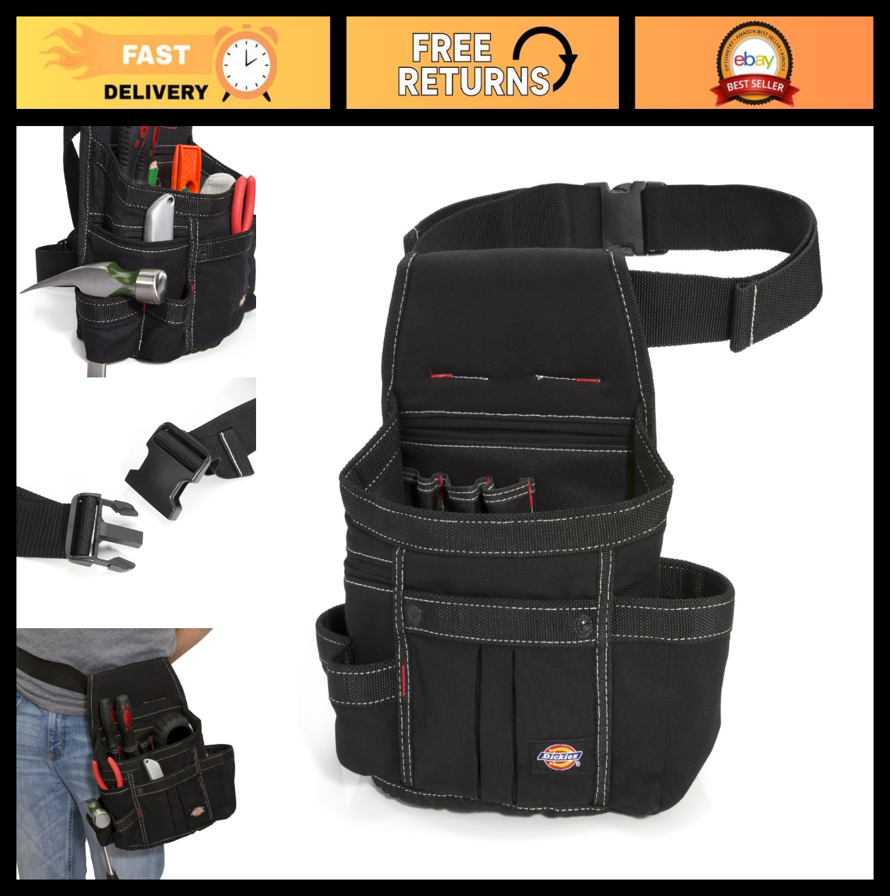 Adjustable 8-Pocket Tool Belt Utility Pouch, Durable Canvas, Puncture-Resistant,