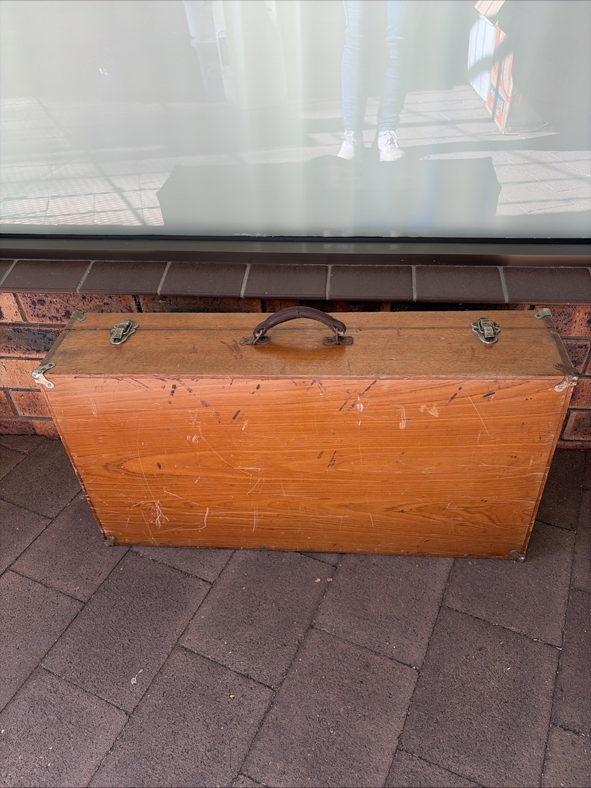 Vintage Wooden Box Suitcase Case with Leather Handle 76 X 41 X 17cm