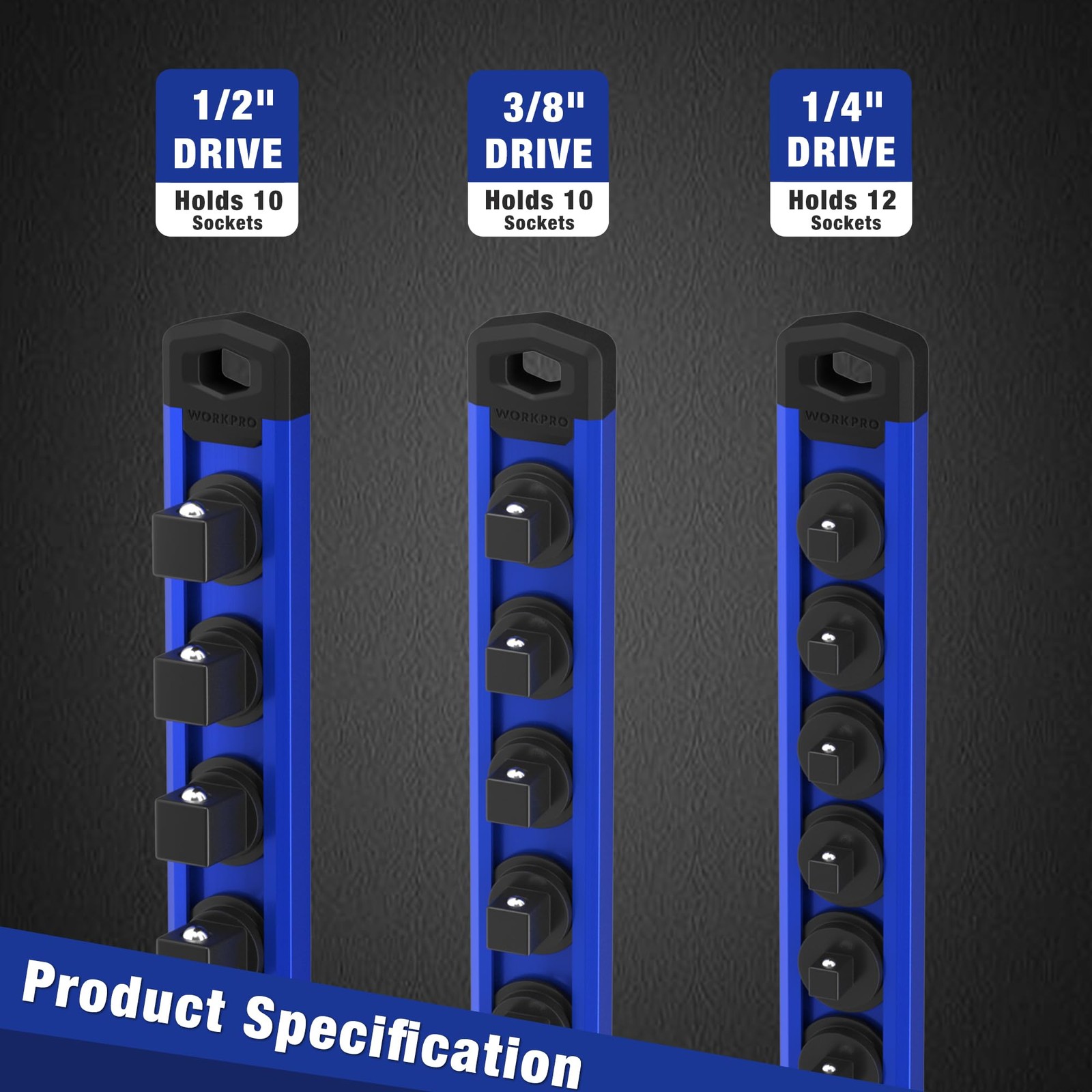 WORKPRO Magnetic Socket Organizer, 1/2-Inch Drive Aluminum 1/2″ DR, Blue