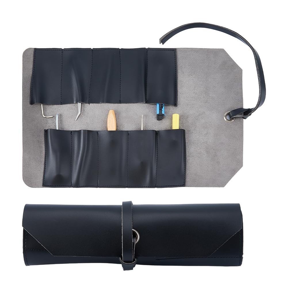 Leather Tool Roll Up Pouch 25.5cm Black Hand Tools Pouch Multi-Purpose Small …