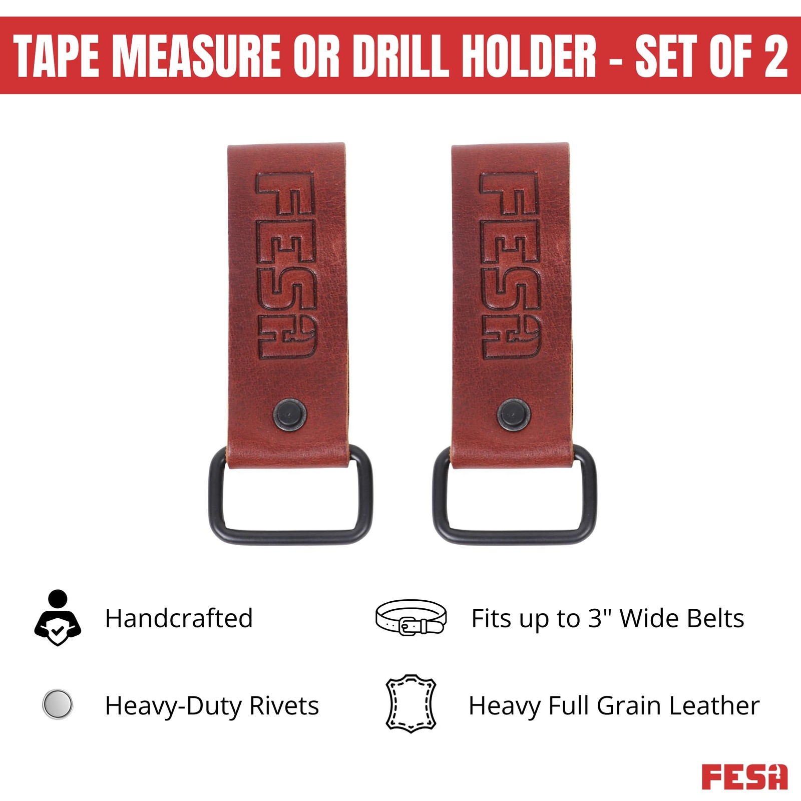 FESA Leather Tape Measure Holder – Set of 2 – Leather Measuring Tape or Drill…