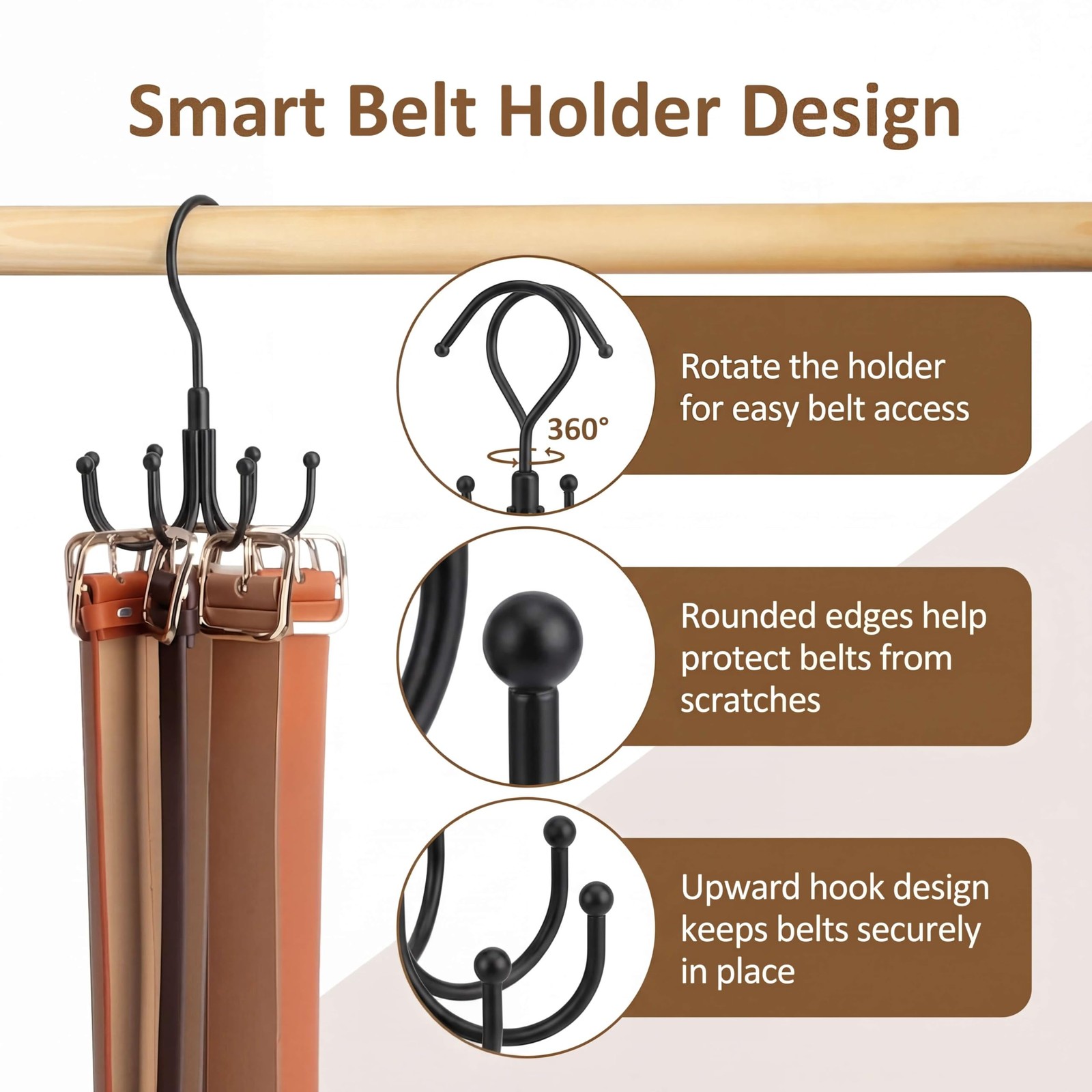 ZEDODIER Belt Organizer for Closet, 1 Pack–Round Hook Hanger, Black