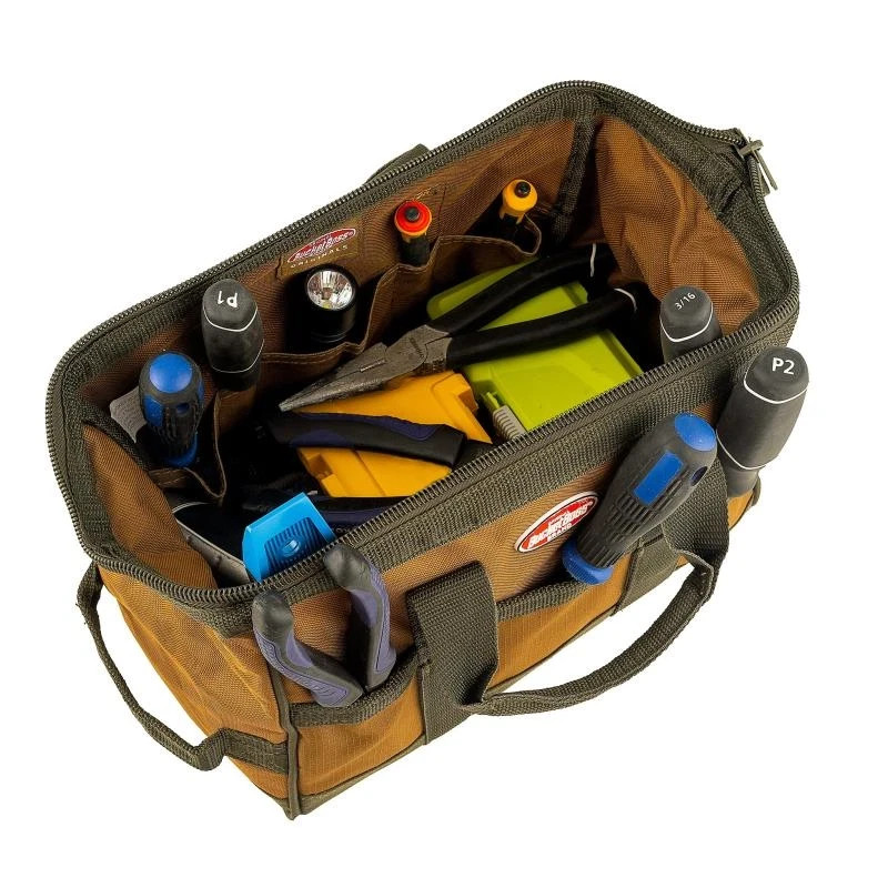 Bucket Boss 12 in. Gatemouth Tool Bag with zippered top and 16 Total Pockets