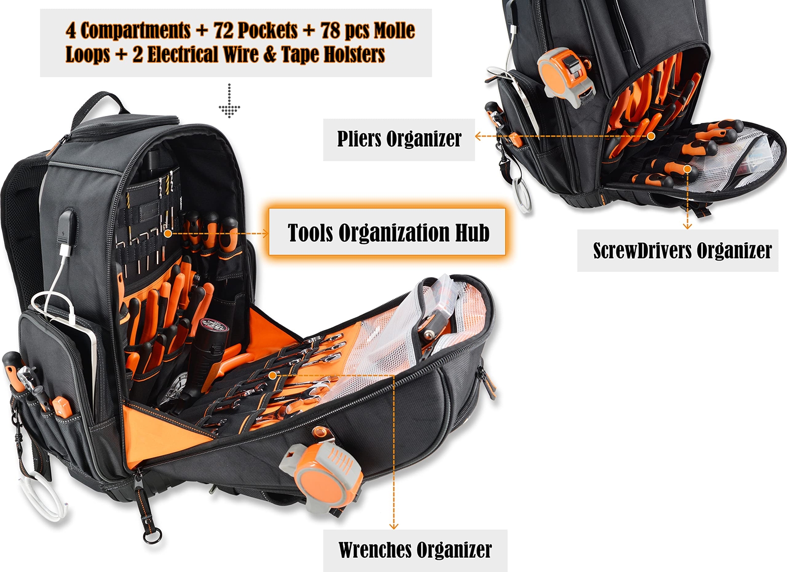 72pockets Rolling Tool Backpack Large Tool Bag With Wheels Rolling Electrician B