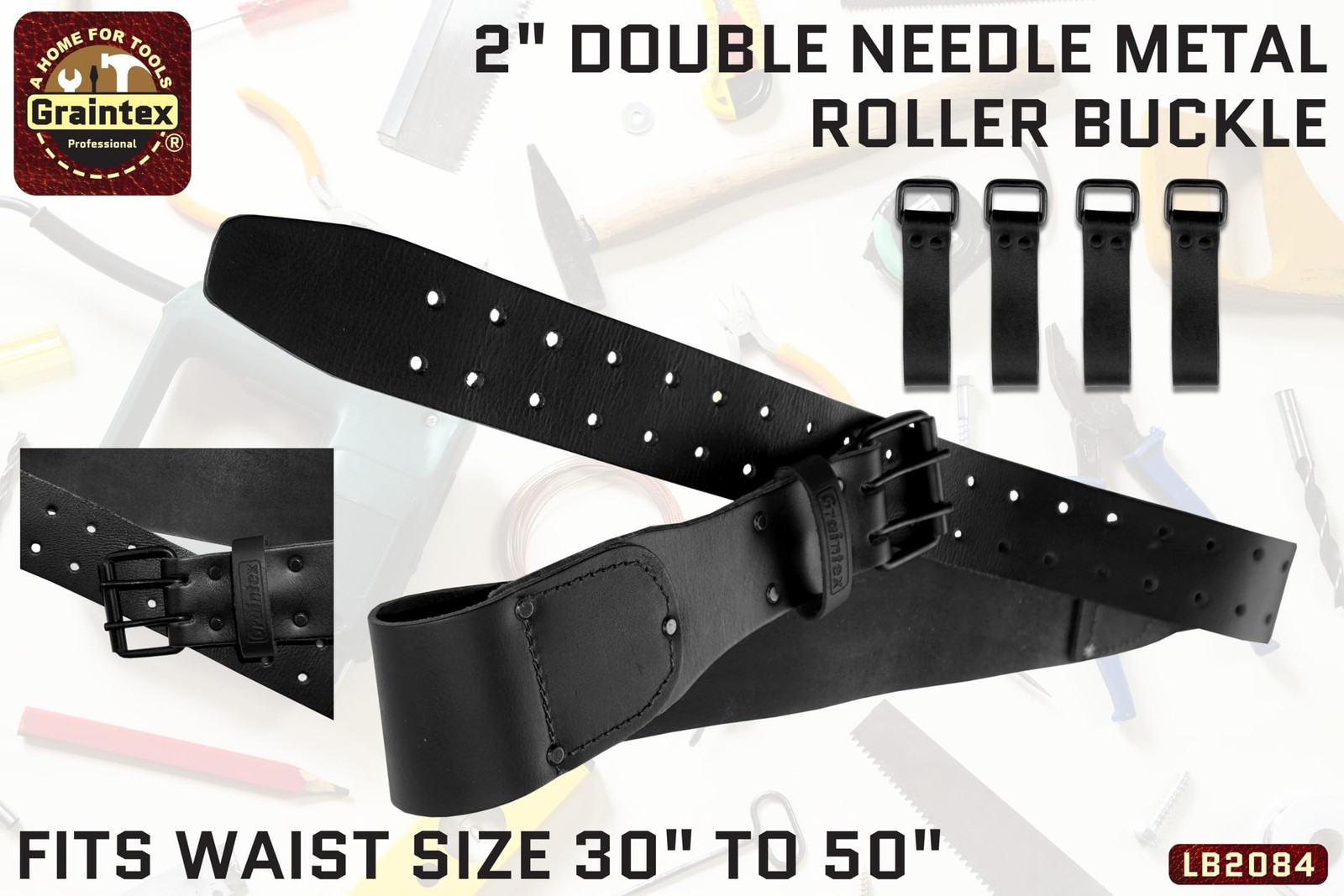 LB2084 2.3/4” Top Grain Leather Belt With 4 Suspender Hooks Black Color for F…