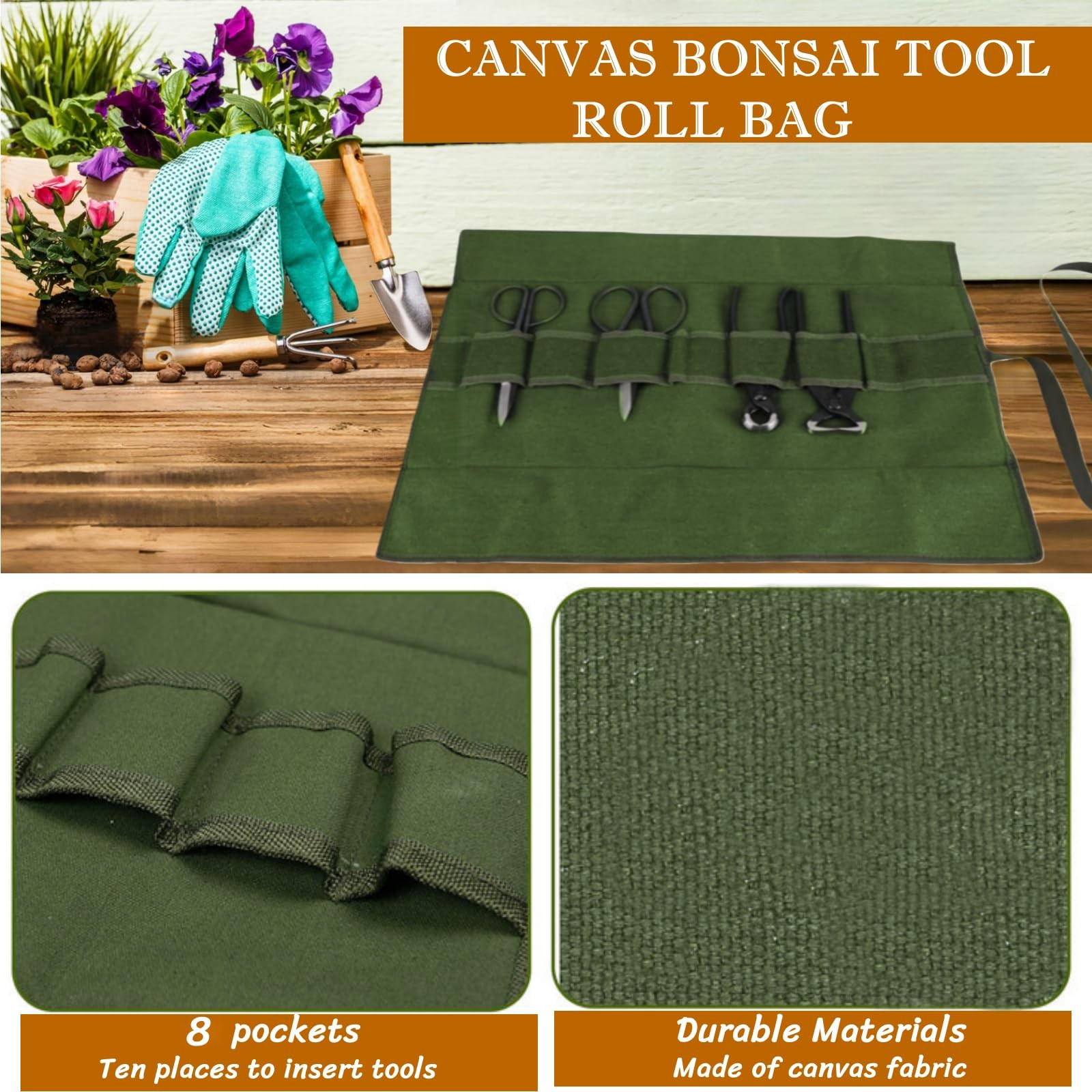 BLIRITEL Garden Roll Up Tool Bag, Canvas Bonsai Tools with 8 Green