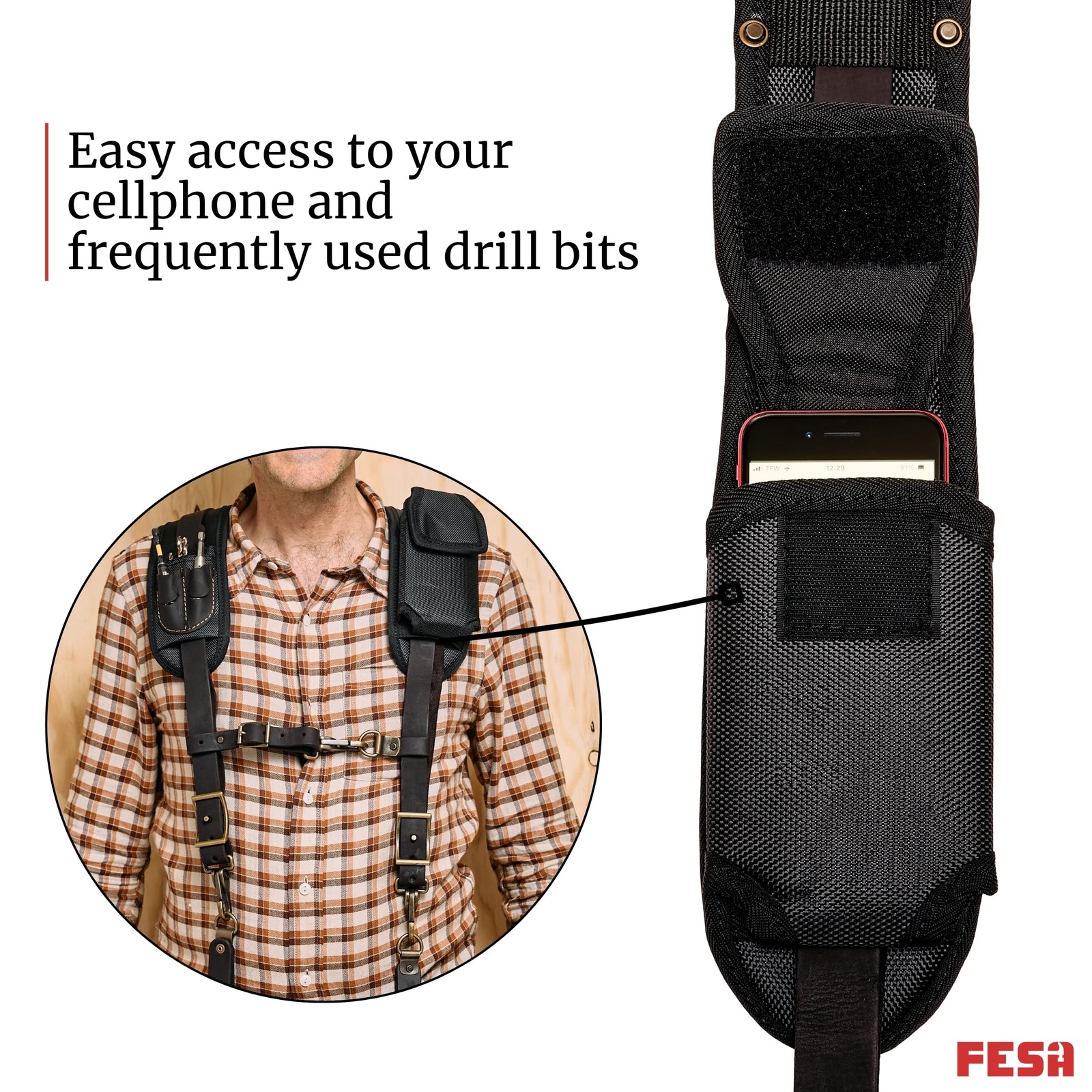 Leather Tool Belt Suspenders for Men with Breathable Mesh Padding, Front Pock…