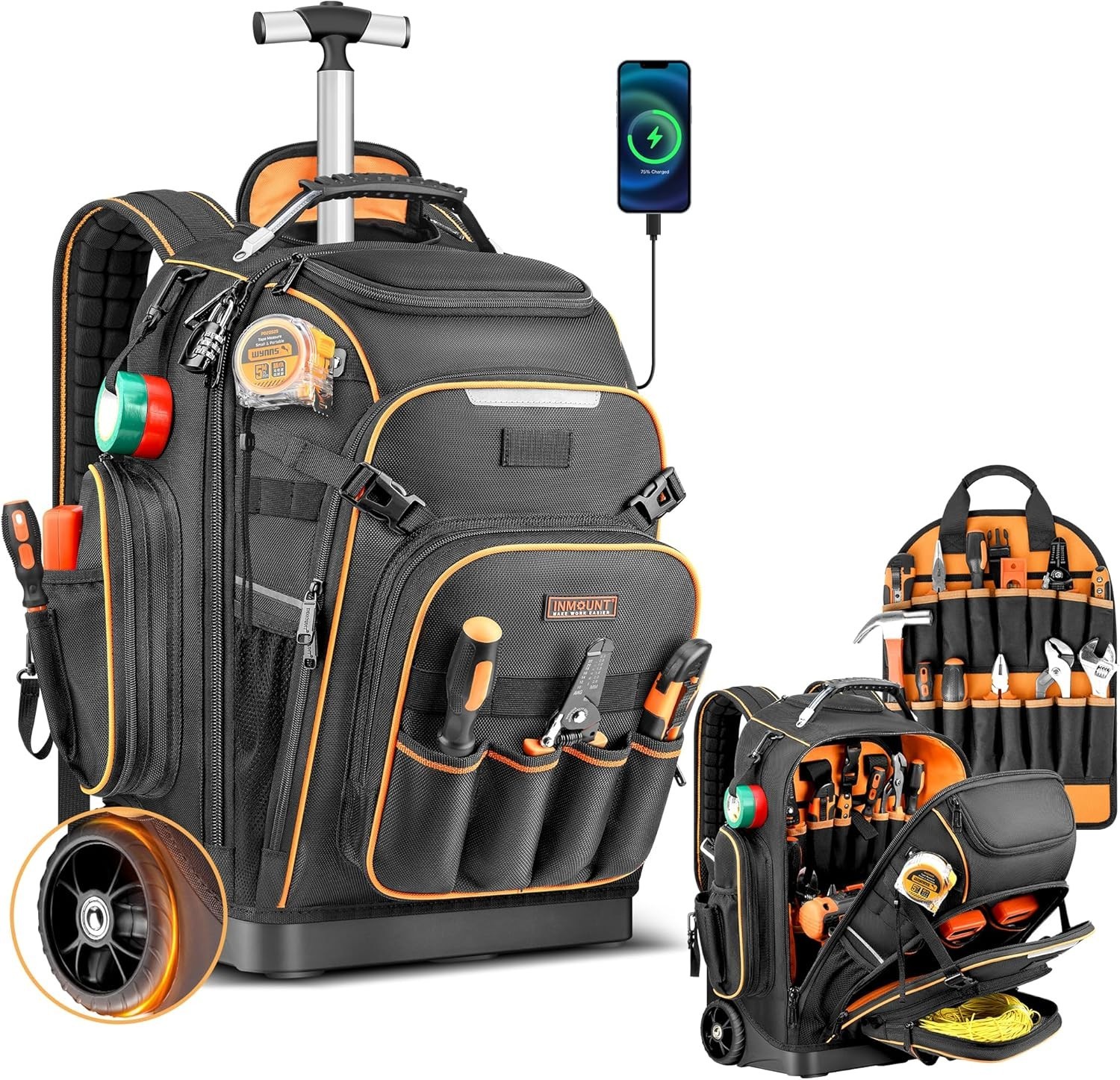 Rolling Tool Backpack Bag with Wheels, Heavy Duty Tool Bag on Wheels for Men, HV