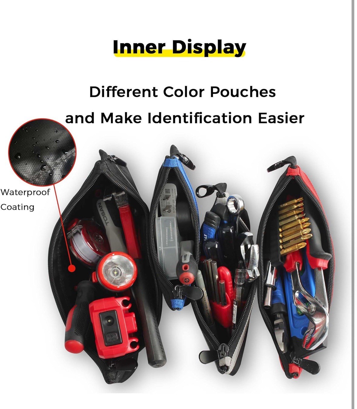 Small Tool Pouches with Zipper Premium Small 4 Pack Combo Black,Red,Grey,Blue