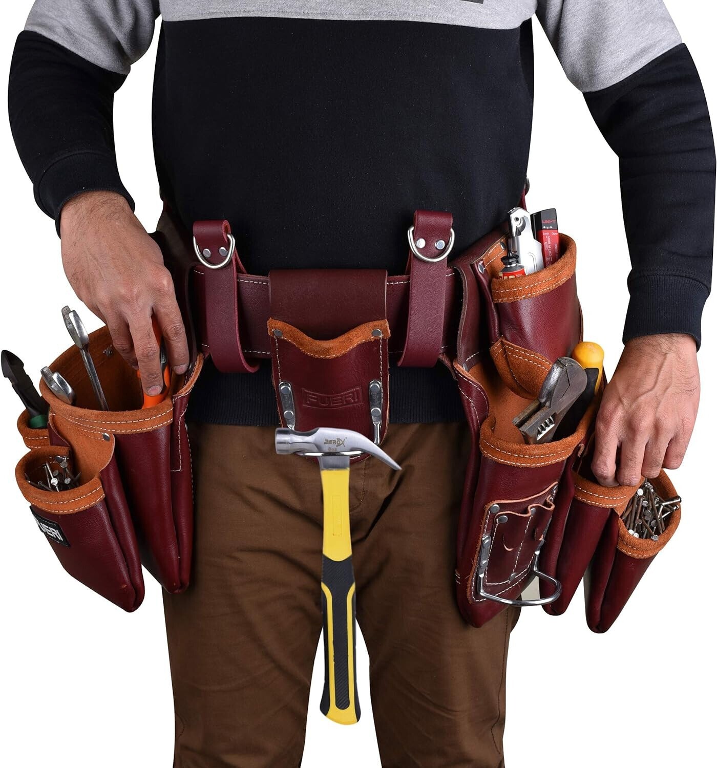 Leather Tool Belt with Suspenders carpenter 19 Pocket Padded Tool Pouch Work bag