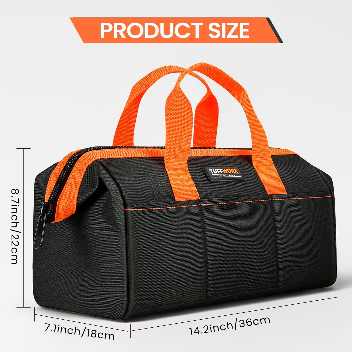 14 inch Tool Bag, Black, Orange, 600D Polyester, Heavy Duty Storage Organizer