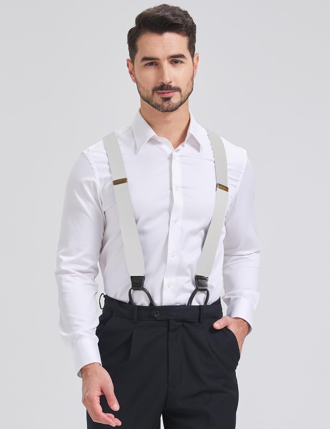 Button Suspenders for Men Dress Pants and Tuxedo Heavy Duty Big White