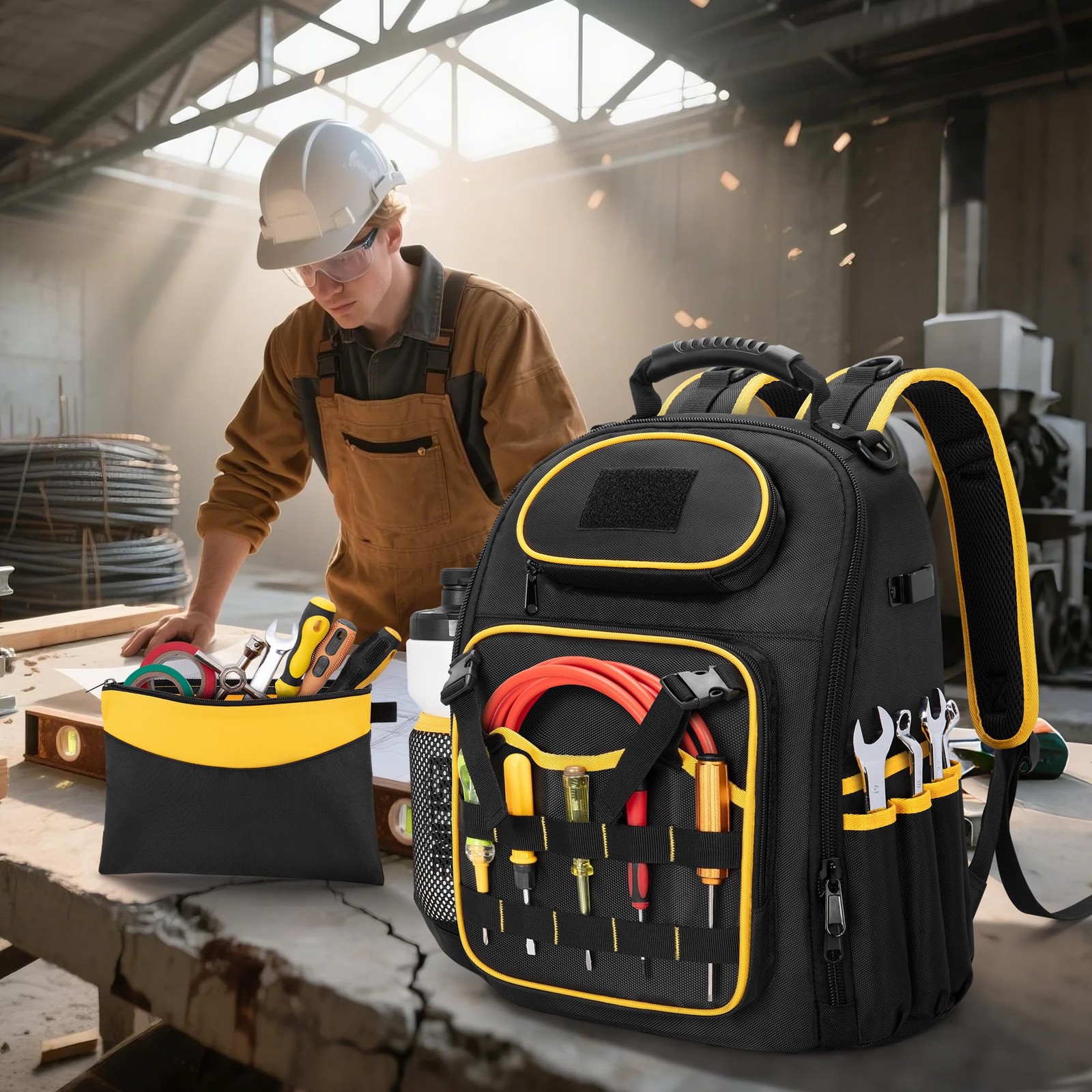 Tool Backpack with a Tool Pouch, Heavy Duty Tool Bag with Multiple Pockets, B…