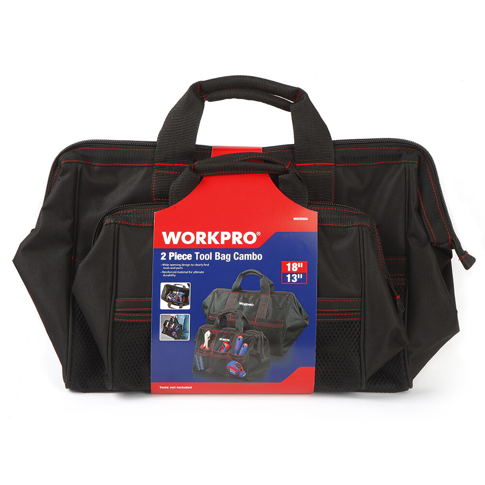 WORKPRO 2PCS 13″ 18″ TOOL BAG CASE WIDE MOUTH 600D Oxford Heavy Duty Zipper Tote