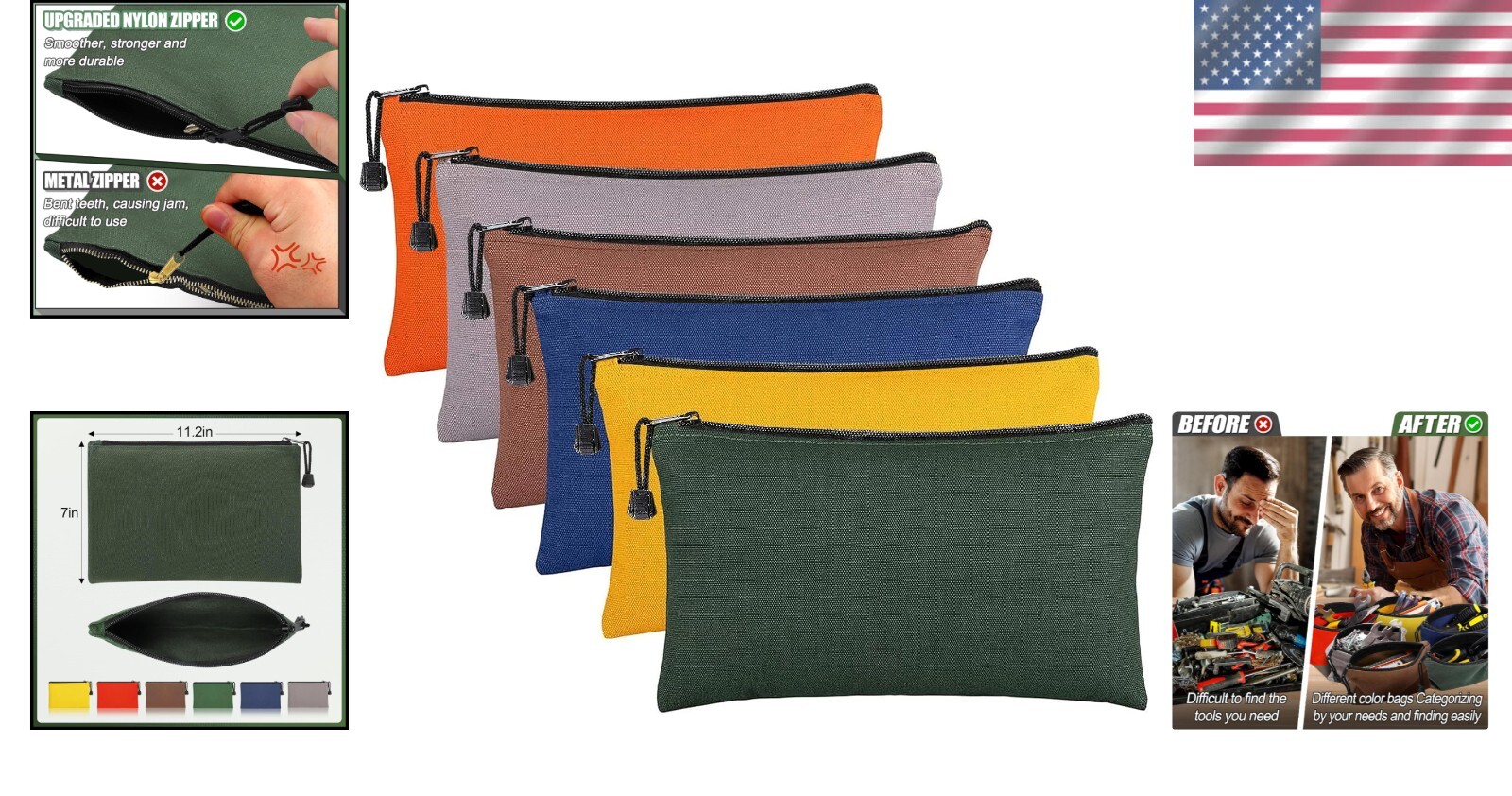 6 Pack Canvas Tool Bags – Heavy Duty Zipper Pouches, 11.2»x 7» Multicolor Set