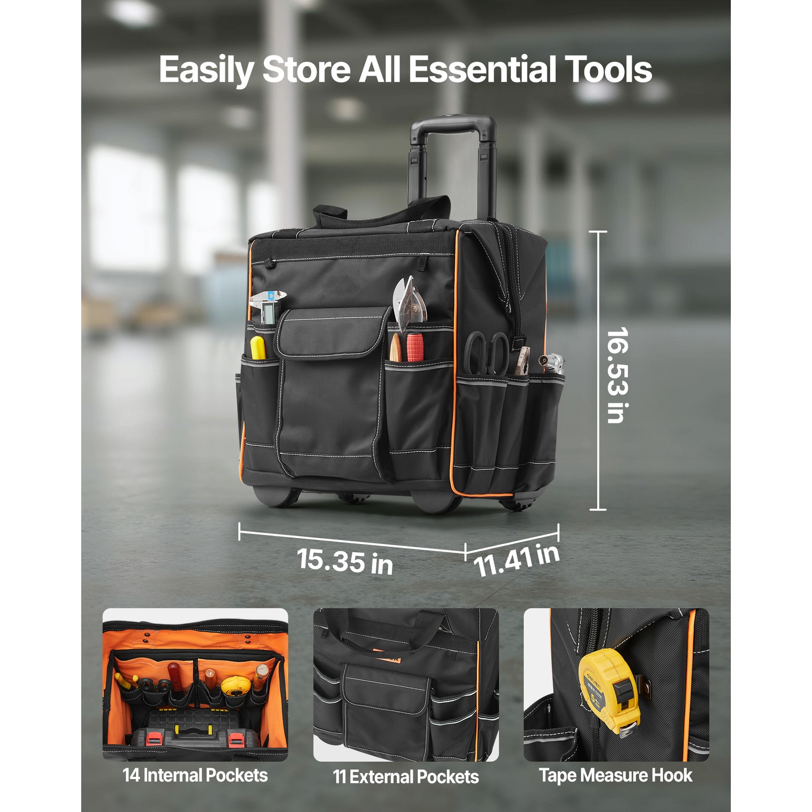 Uimoso Rolling Tool Bag with 25 Pockets and Durable Wheels for Heavy Tools