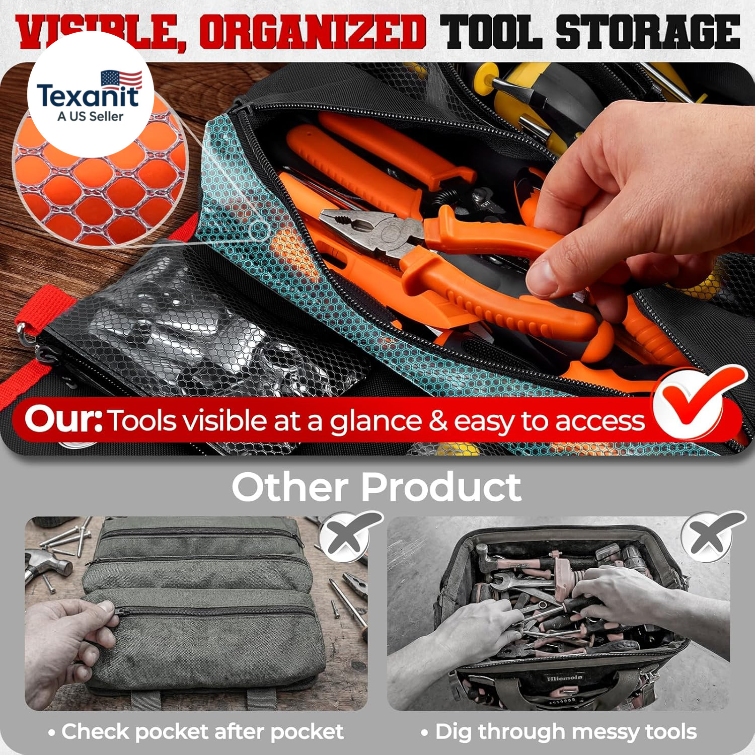 Roll up Tool Bag, Heavy Duty See-Through Tool Roll Organizer with 2 Detachable P