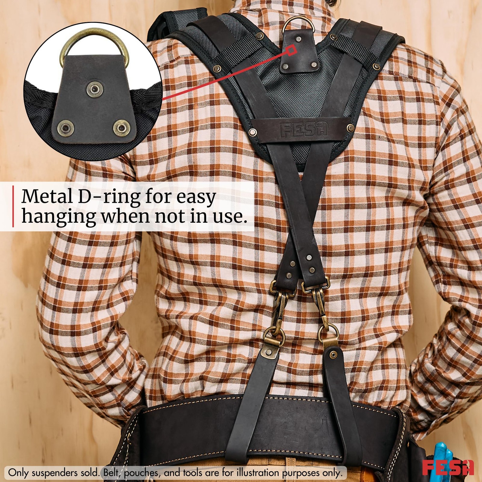 Leather Tool Belt Suspenders for Men with Breathable Mesh Padding, Front Pock…