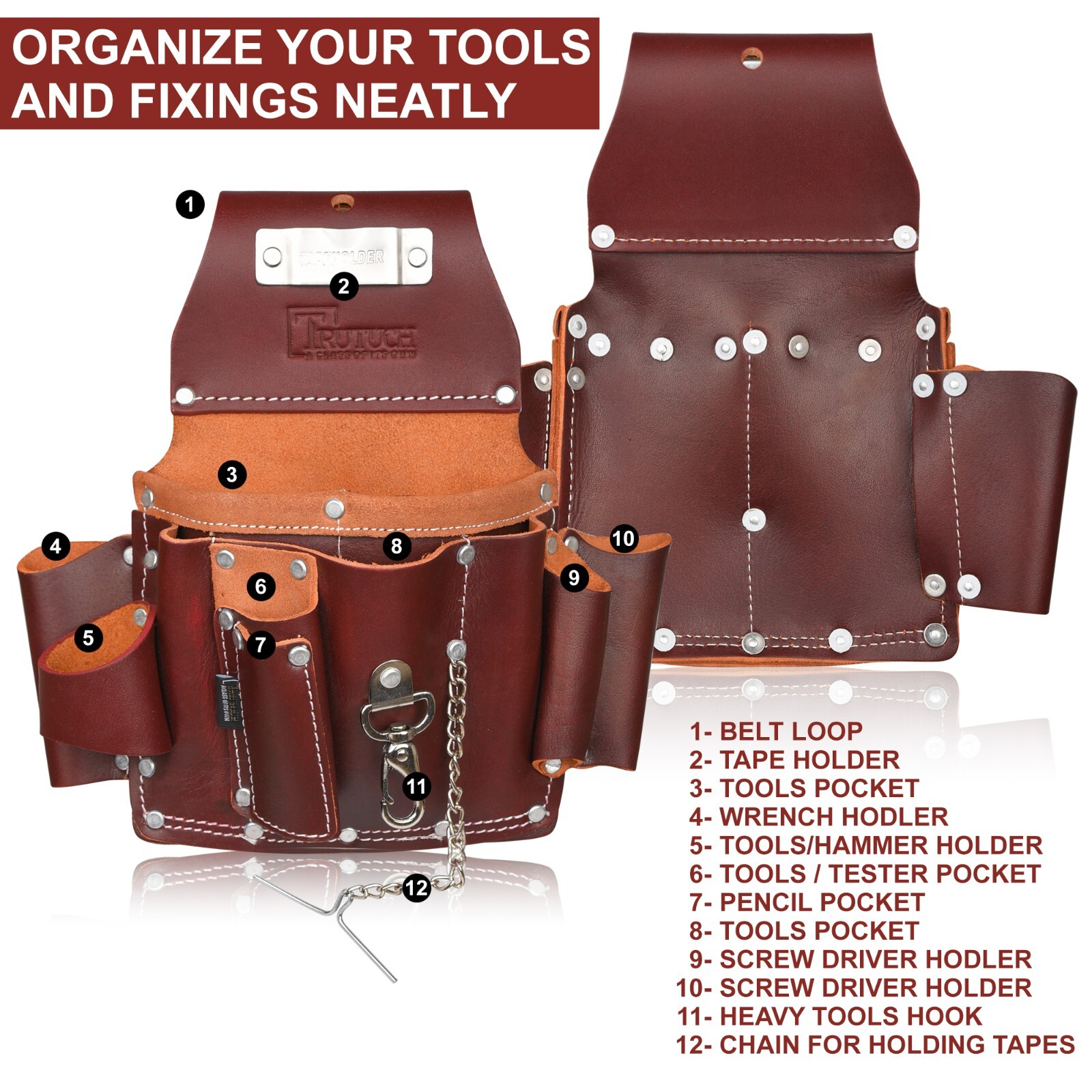 Maroon Leather Electrician Tool Pouch | Electric Tool Belt | Electric Bag