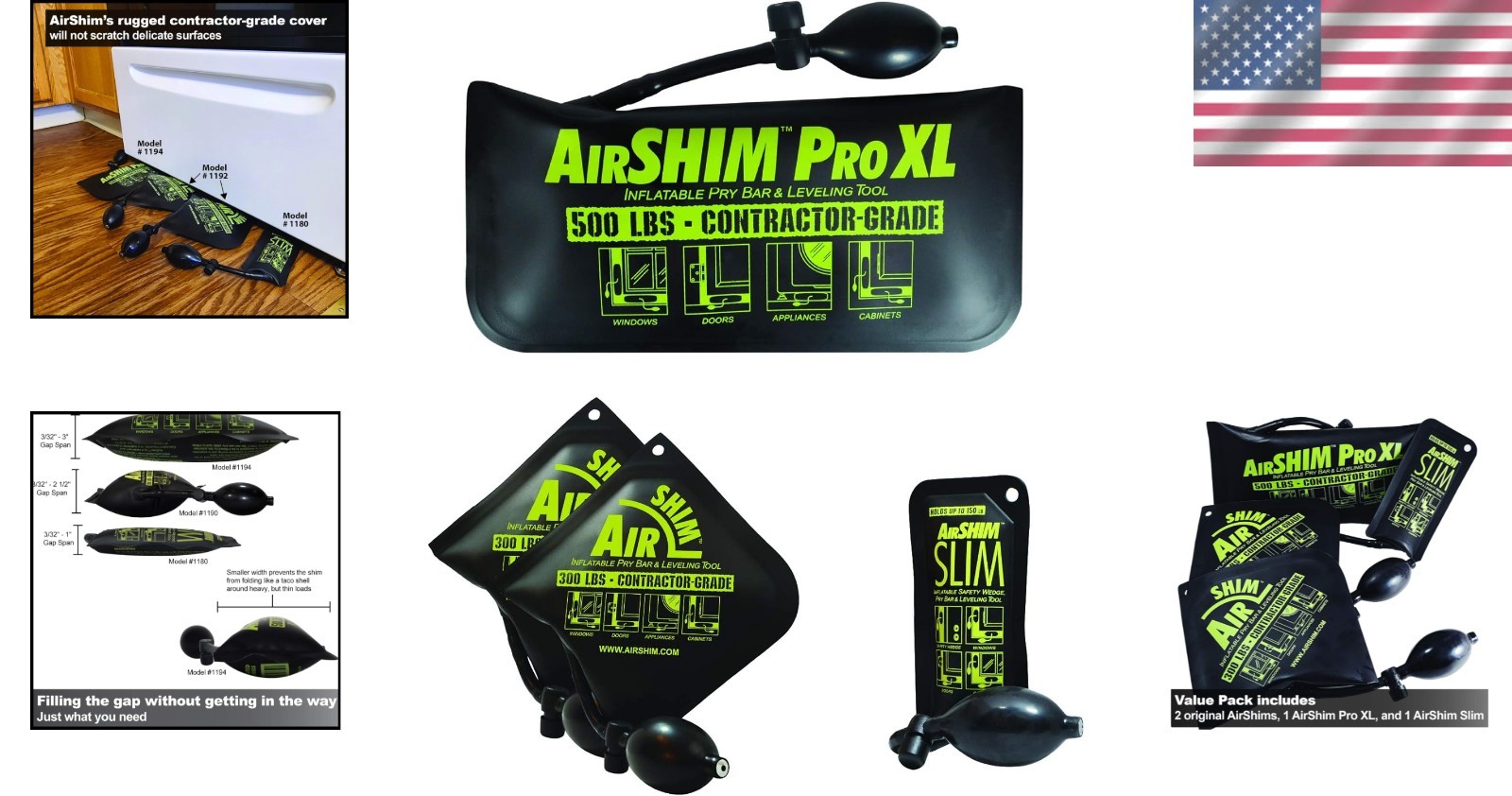 AirShim 4-pc Pro XL Slim Value Pack Inflatable Leveling Wedges Contractor Grade