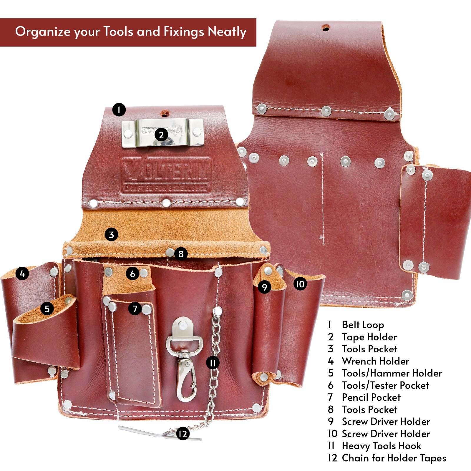 Electrician Pouch, Leather Electrician Tool Belt Pouch, 8 Pockets Pouch for Men