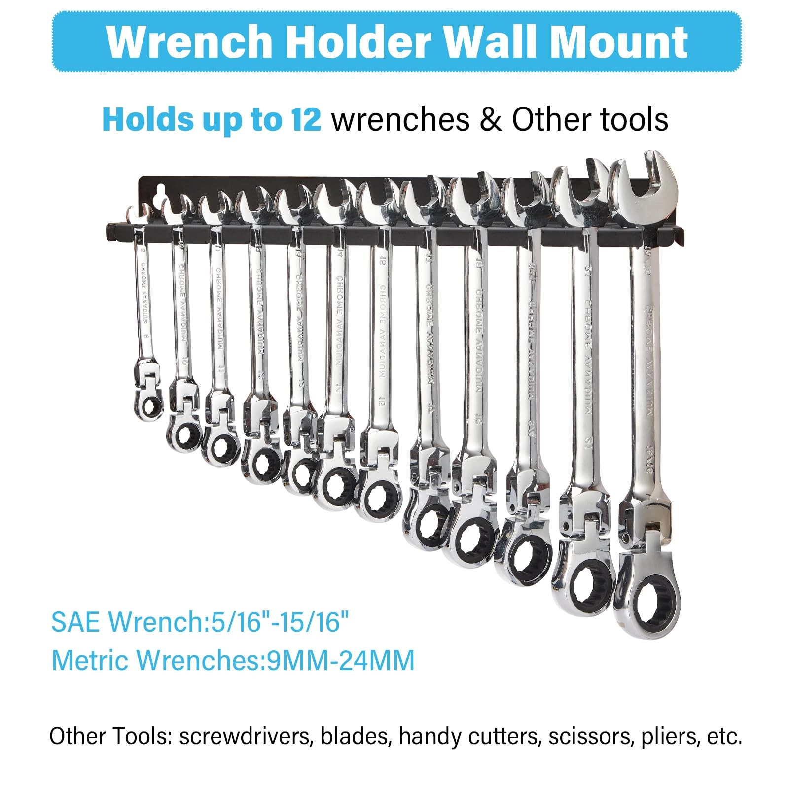 1 PCS Wall Mount Wrench Organizer Hanging Holder 12 Wrenches 9 Tool Slots