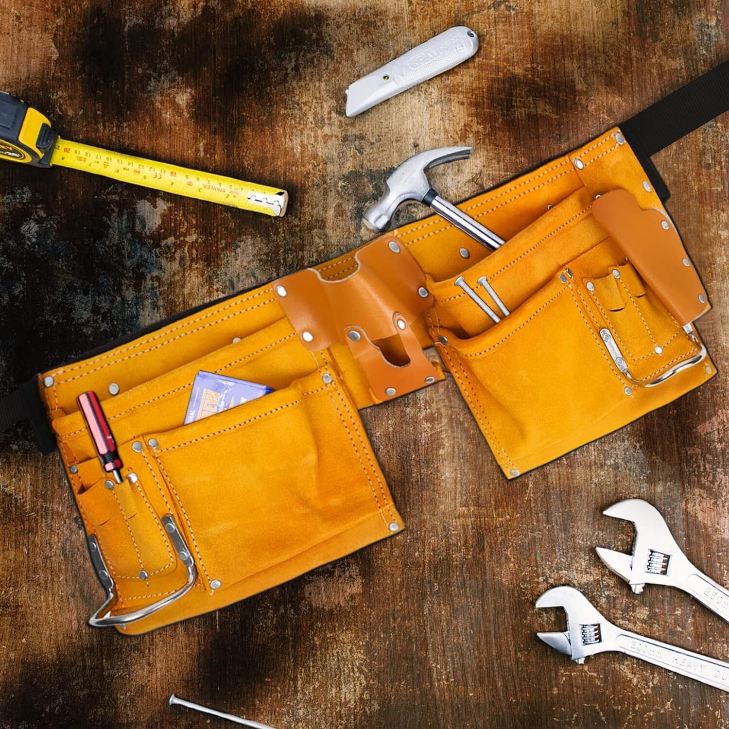Leather Carpenter Tool Belt 11 Pockets Quick Release Buckle Work Pouch