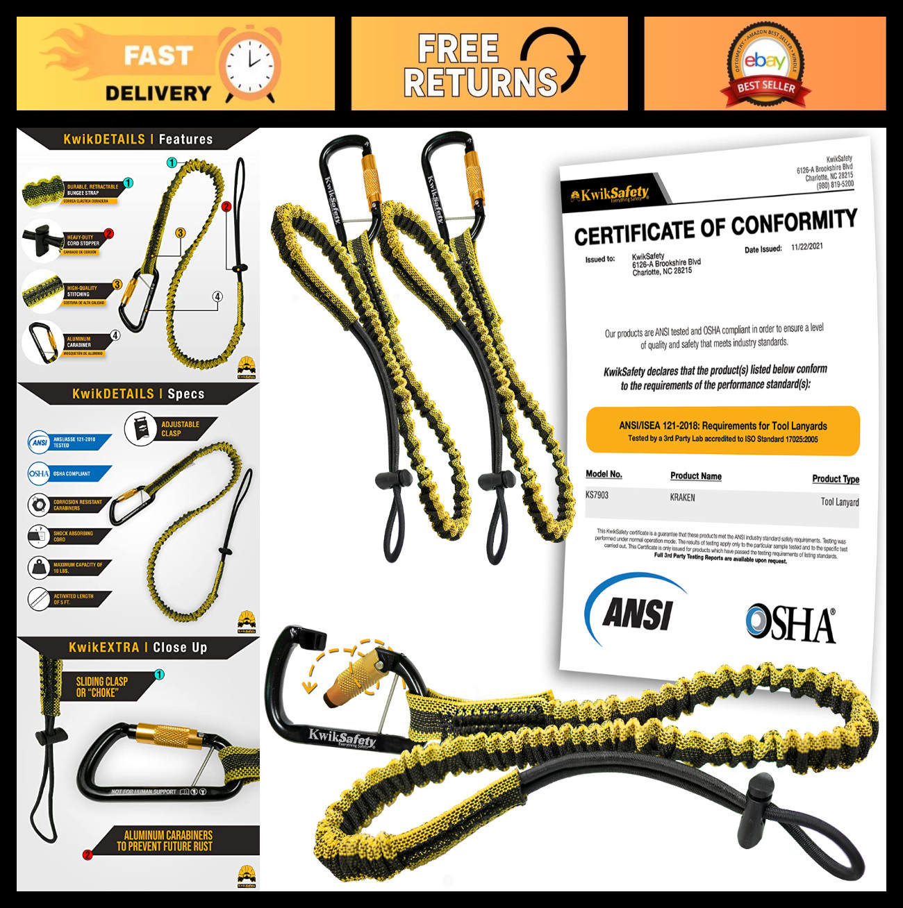 Heavy Duty Tool Lanyard 3 Pack – ANSI OSHA Compliant, Coiled Bungee, 10lb Limit