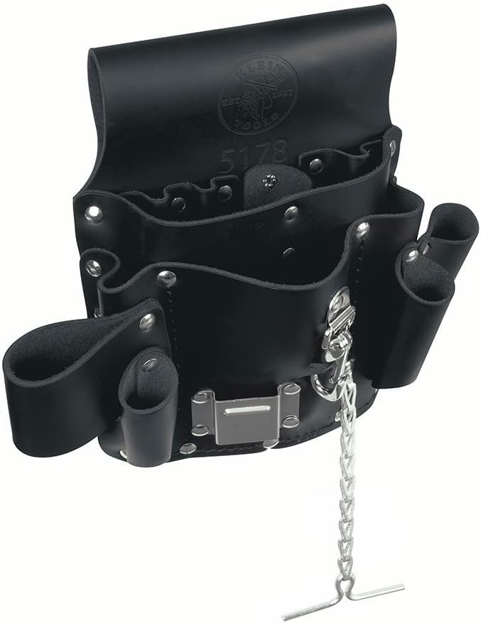 Klein Tools 5178 Leather Tool Pouch – 8 Pocket Black Organizer with Belt Loop