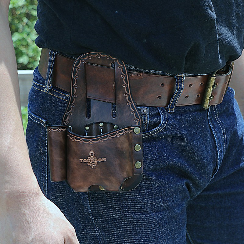 TOURBON Leather Tape Measuring Belt Pouch Knife Holder Contractor Pencil Case