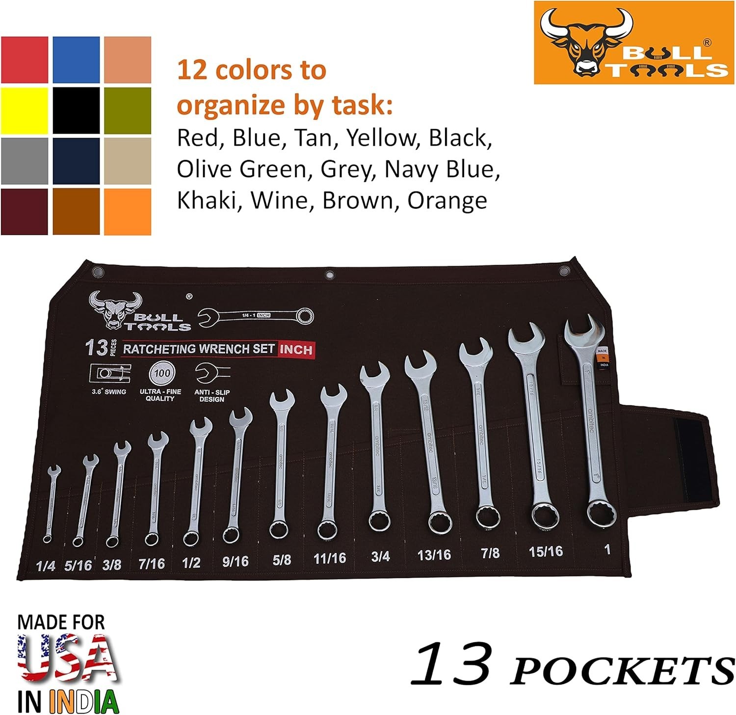 Wrench & Tool Roll up SAE Pouch Organizer Bag 13 Pocket Handmade 16 Oz. Water Re
