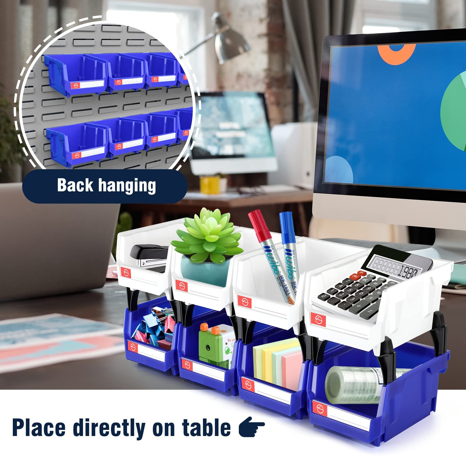 6 PCS Stackable Storage Bins Wall Mount Parts Rack Shop Screws Blue