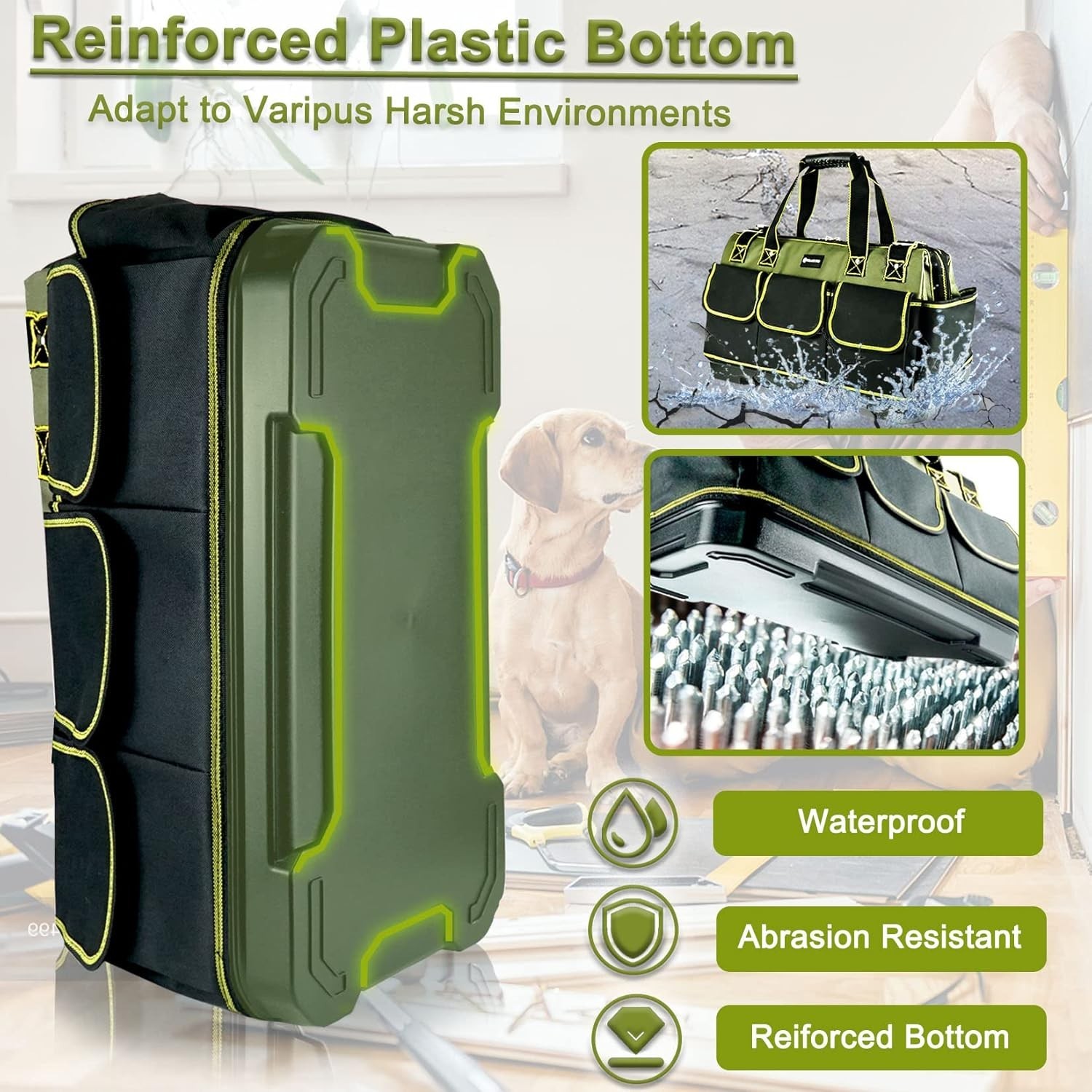 20in Heavy Duty Tool Bag Wide Mouth Tool Tote Waterproof Base Shoulder Strap Org