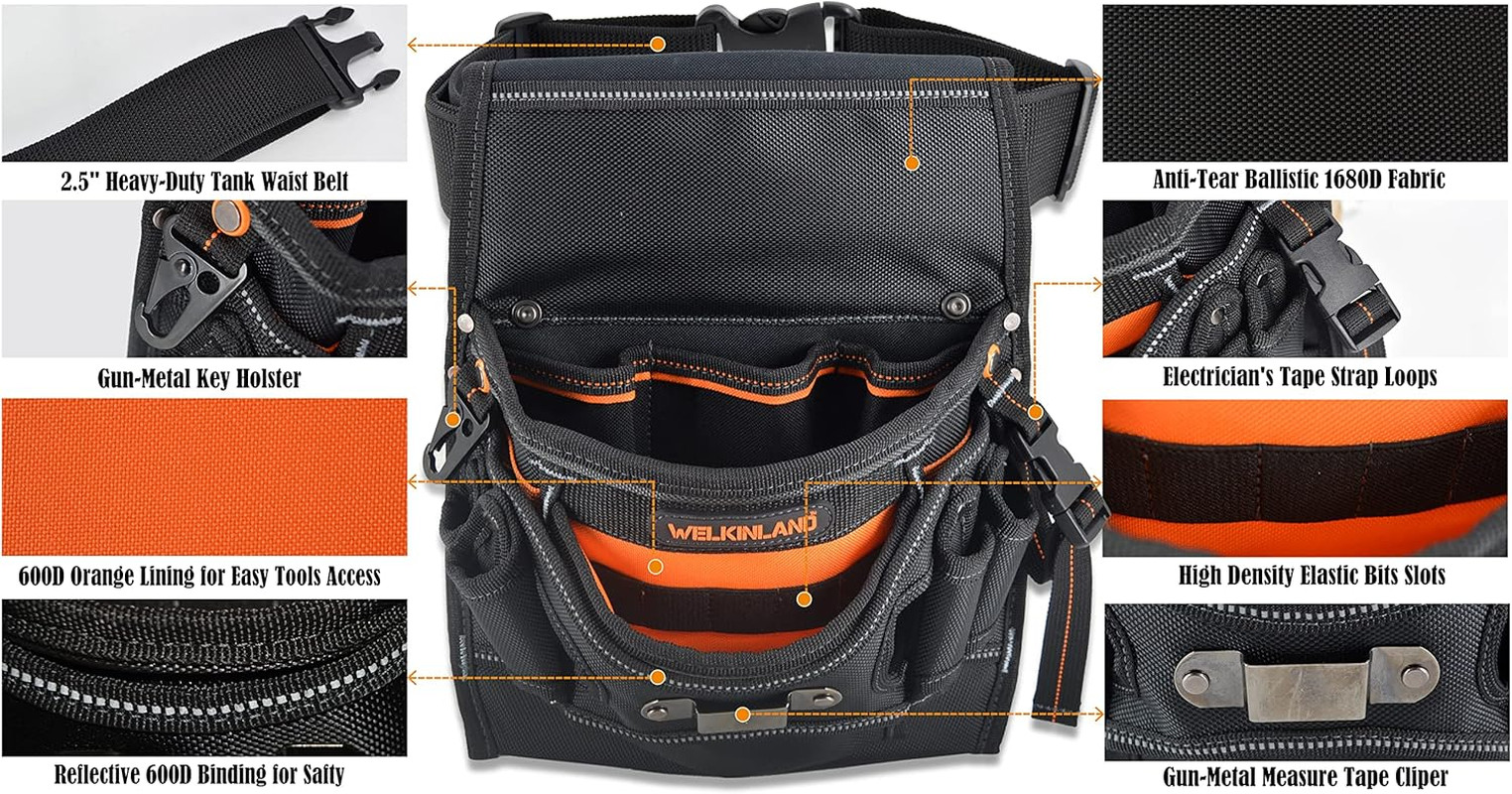 10-Pockets Electrician Tool Pouch with Belt Clip, Electricians Tool Pouches Bag,