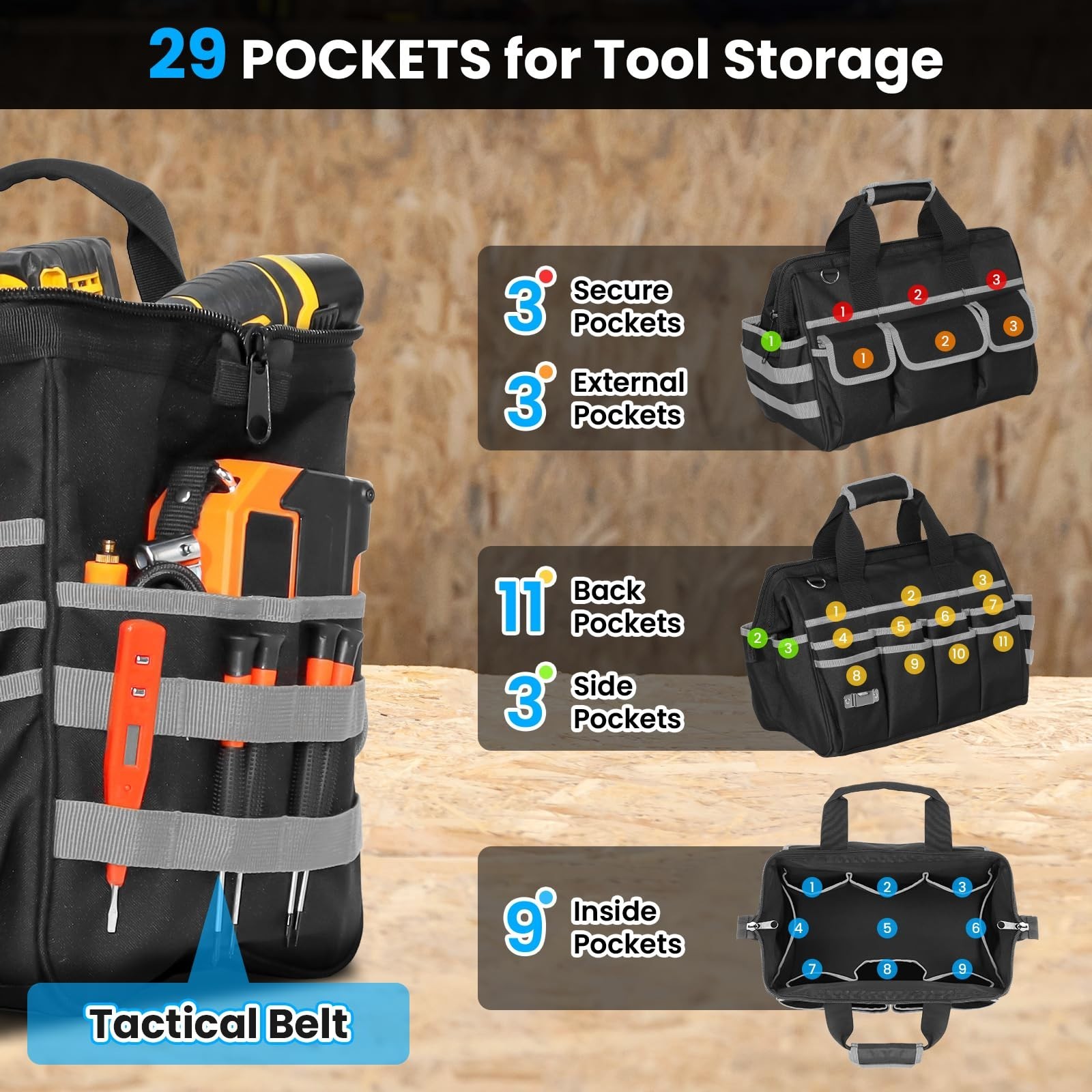 Heavy Duty 17″ Tool Bag – Waterproof Multi-Pocket Organizer with Adjustable Stra