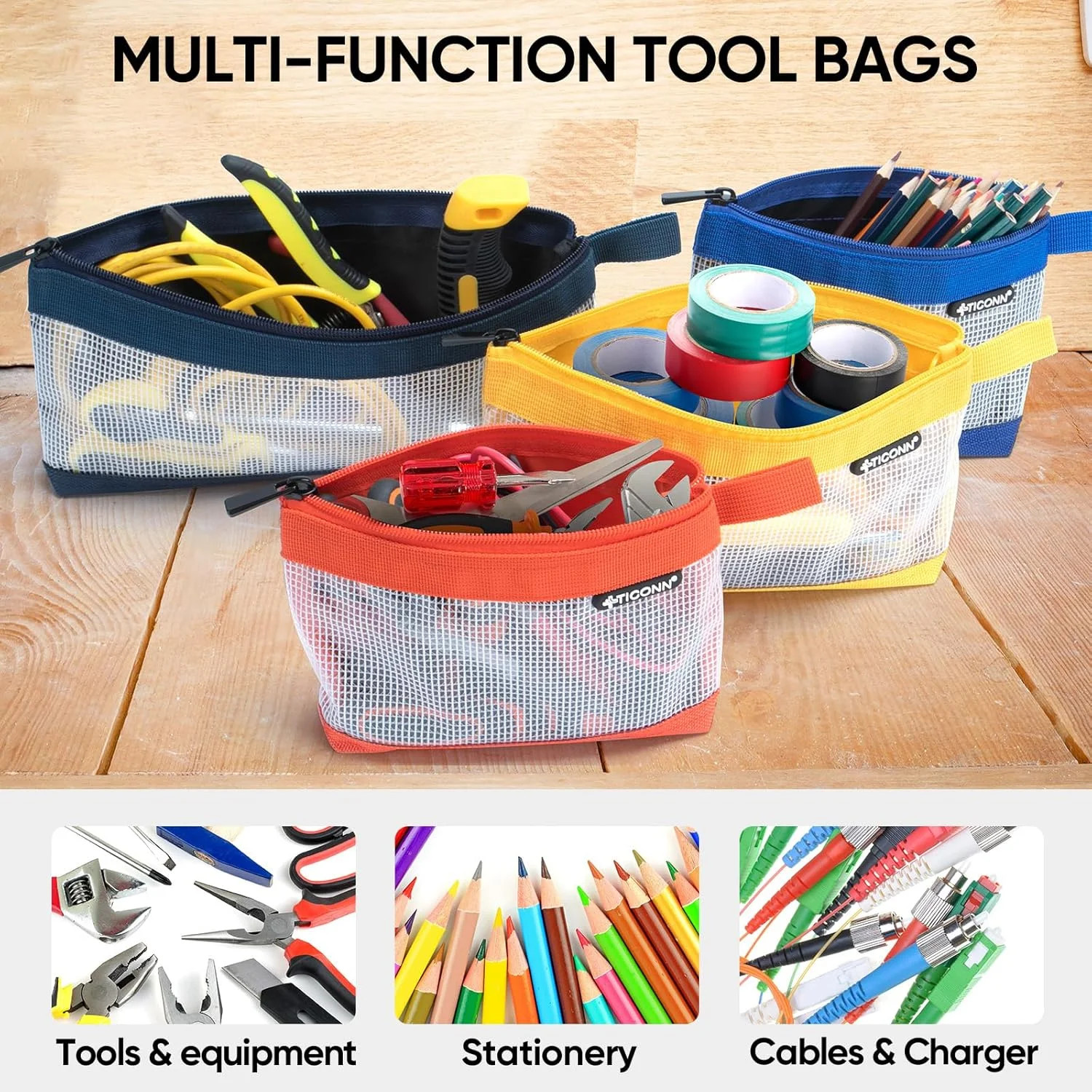 TICONN Tool Pouch, 1680D Oxford Small Tool Bag, Tool Pouches with Zipper, Clear