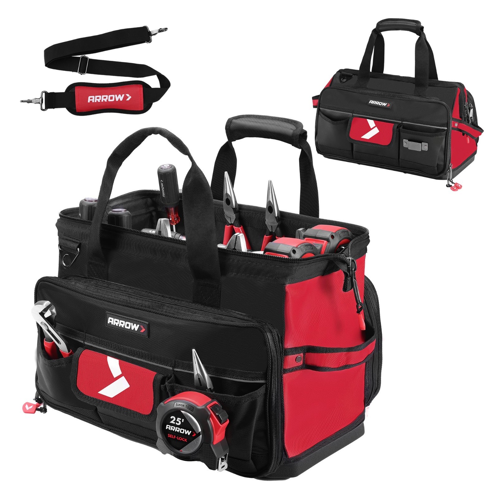 Large 17″ Heavy Duty Tool Bag with 36 Pockets, Waterproof Base, Reflective Band,