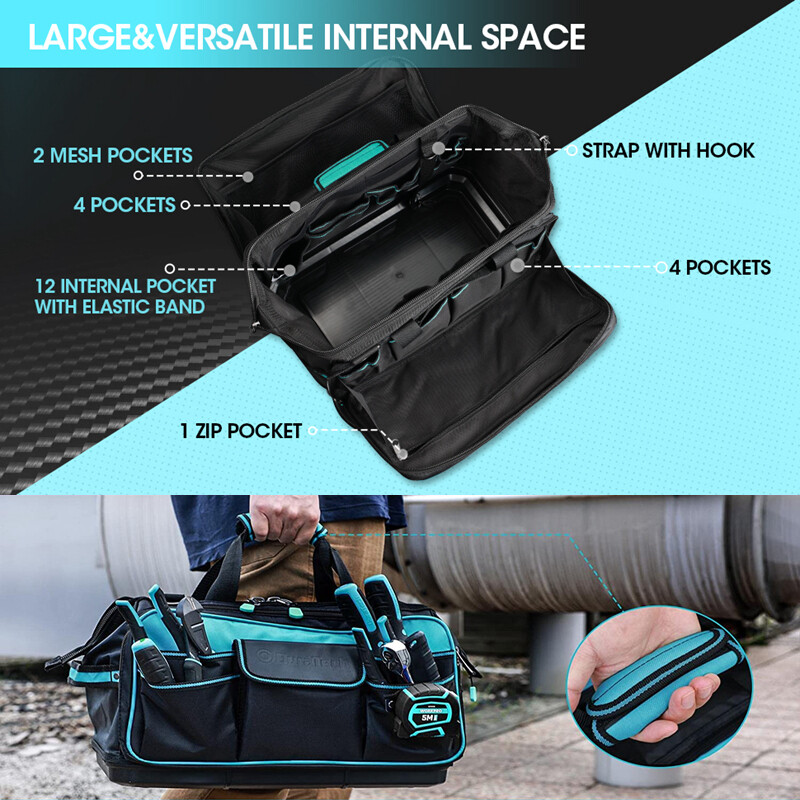 DURATECH 17-in Wide Mouth Tool Bag Large Storage 32 Pocket Bag Organizer w/Strap
