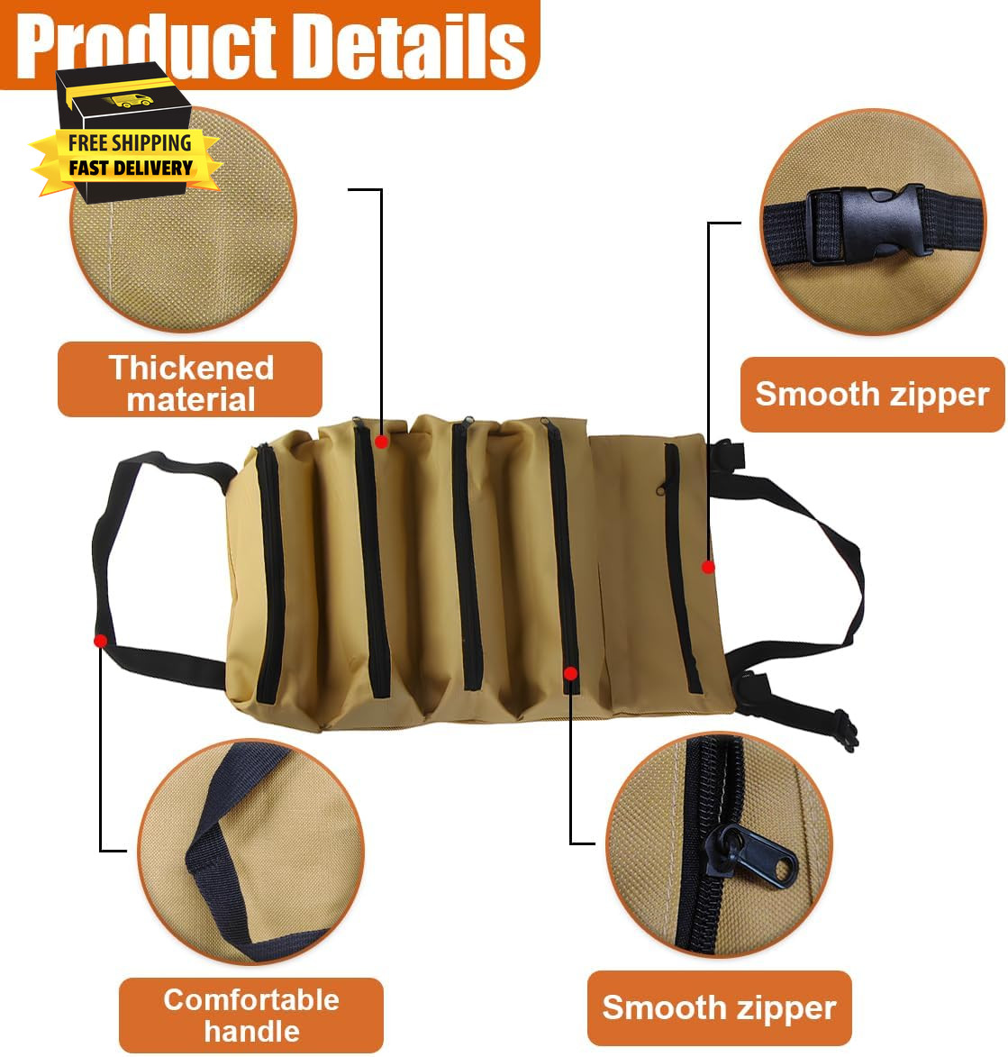 Car Seat Organizer, Oxford Cloth Roll up Tool Bag with 5 Zipper Pockets, Hanging