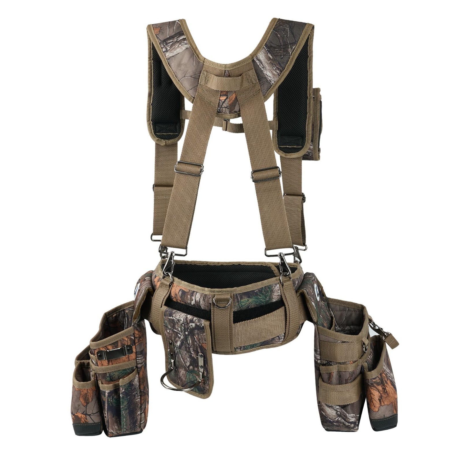 Large Tool Belt with Suspenders, Padded 4″ Tool Pouch, Hammer Holster, Camo, Con