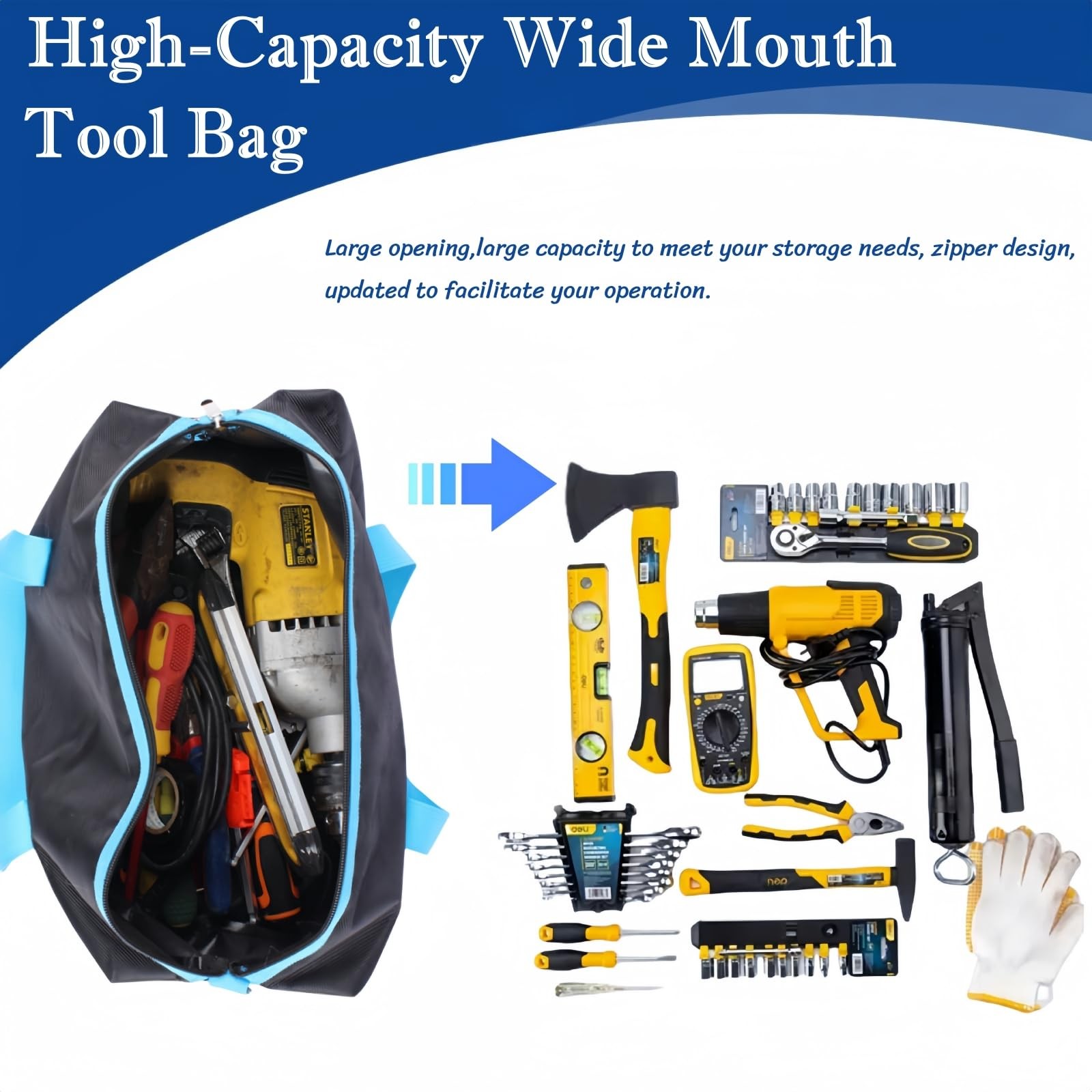 Wide Mouth Tool Bag, Heavy Duty Tool Bag for Men, High Capacity Tool Tote Bag…