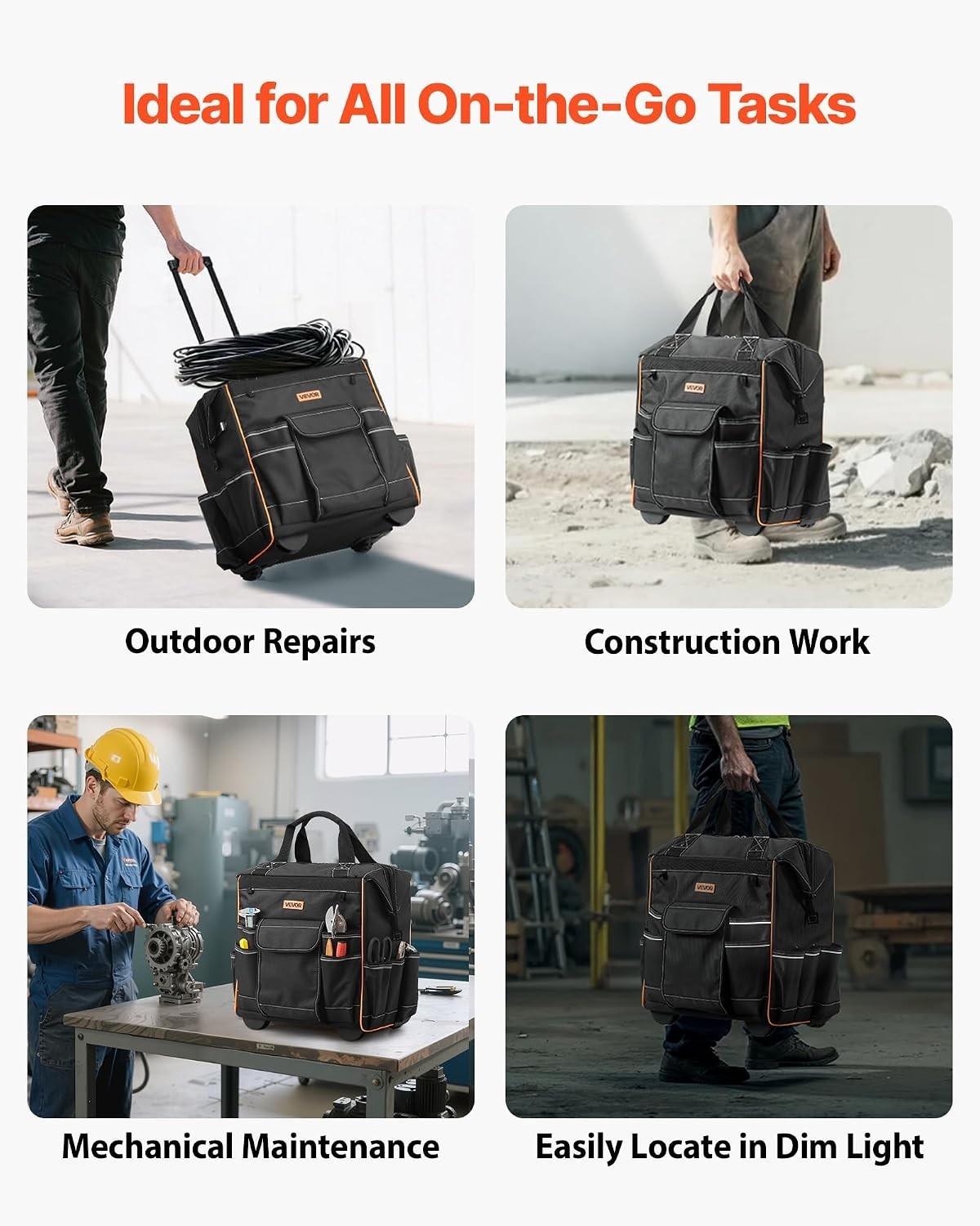 15″ Rolling Tool Bag, 110 lbs Load Capacity, 25 Pockets Heavy Duty Roller Too…