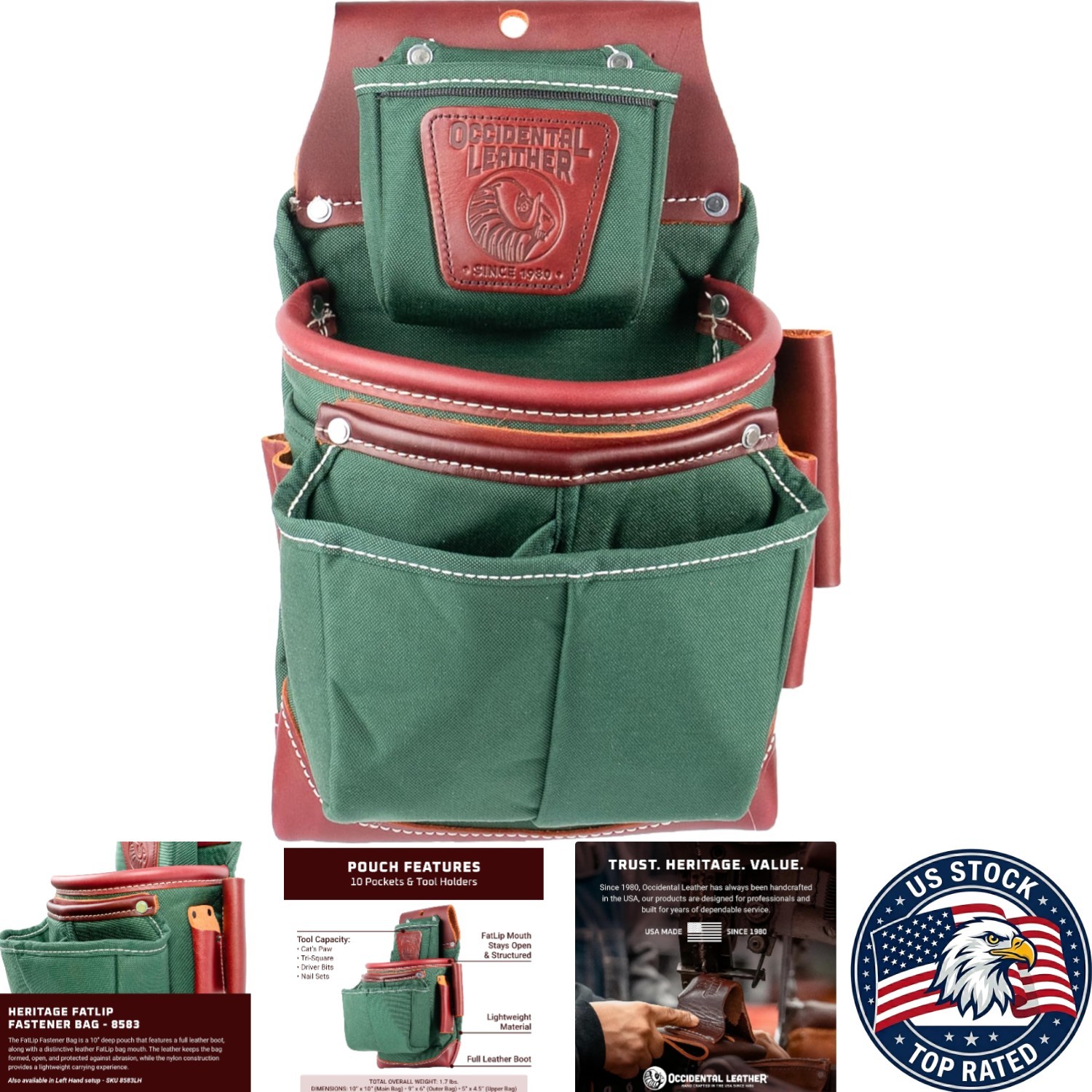 Heritage Fastener Bag with Integrated Holster – 1.7 lbs, 10 Pocket Tool Storage