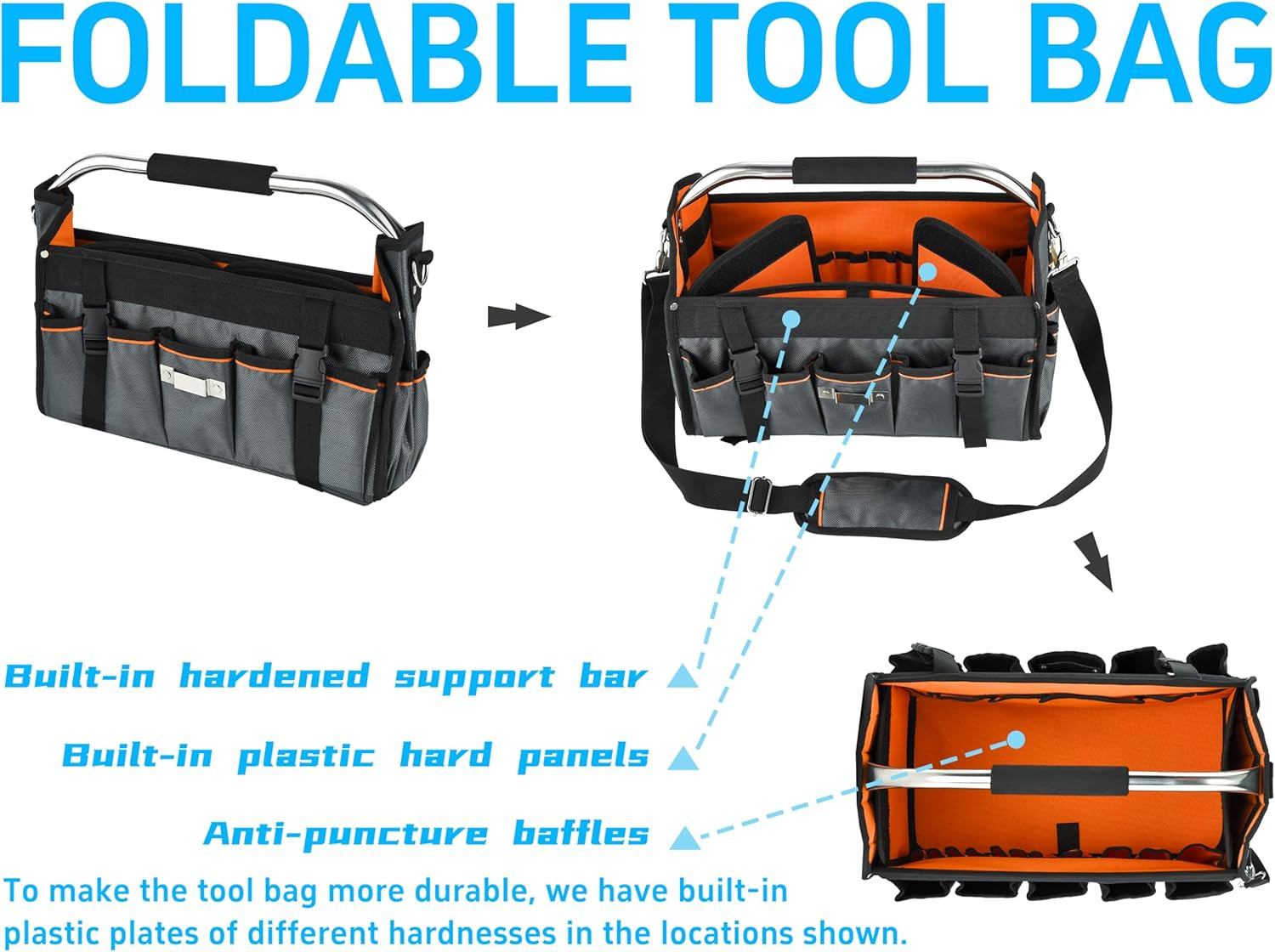 16 Inch Open Top Tool Bag, Thick 1680D Fabric, Foldable 29 Pockets Tool Tote Bag