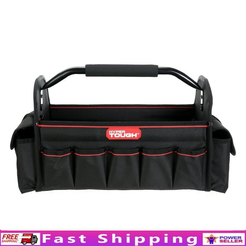 16in Open Top Tool Tote Durable Tool Bag W/ 20 Pockets & Foam Grip Handle Black